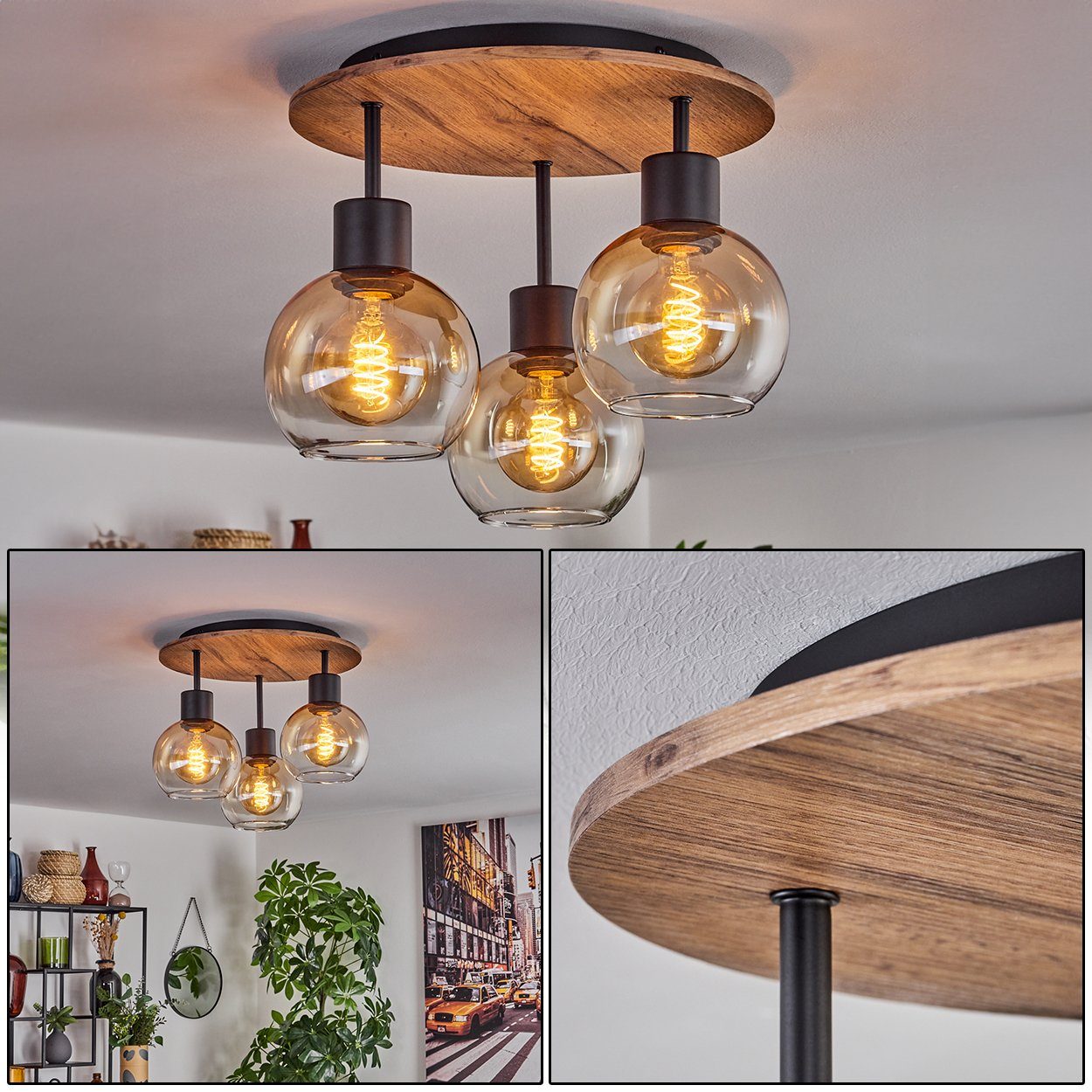 hofstein Deckenleuchte Deckenlampe aus Metall/MDF/Glas in Schwarz/Braun in günstig online kaufen