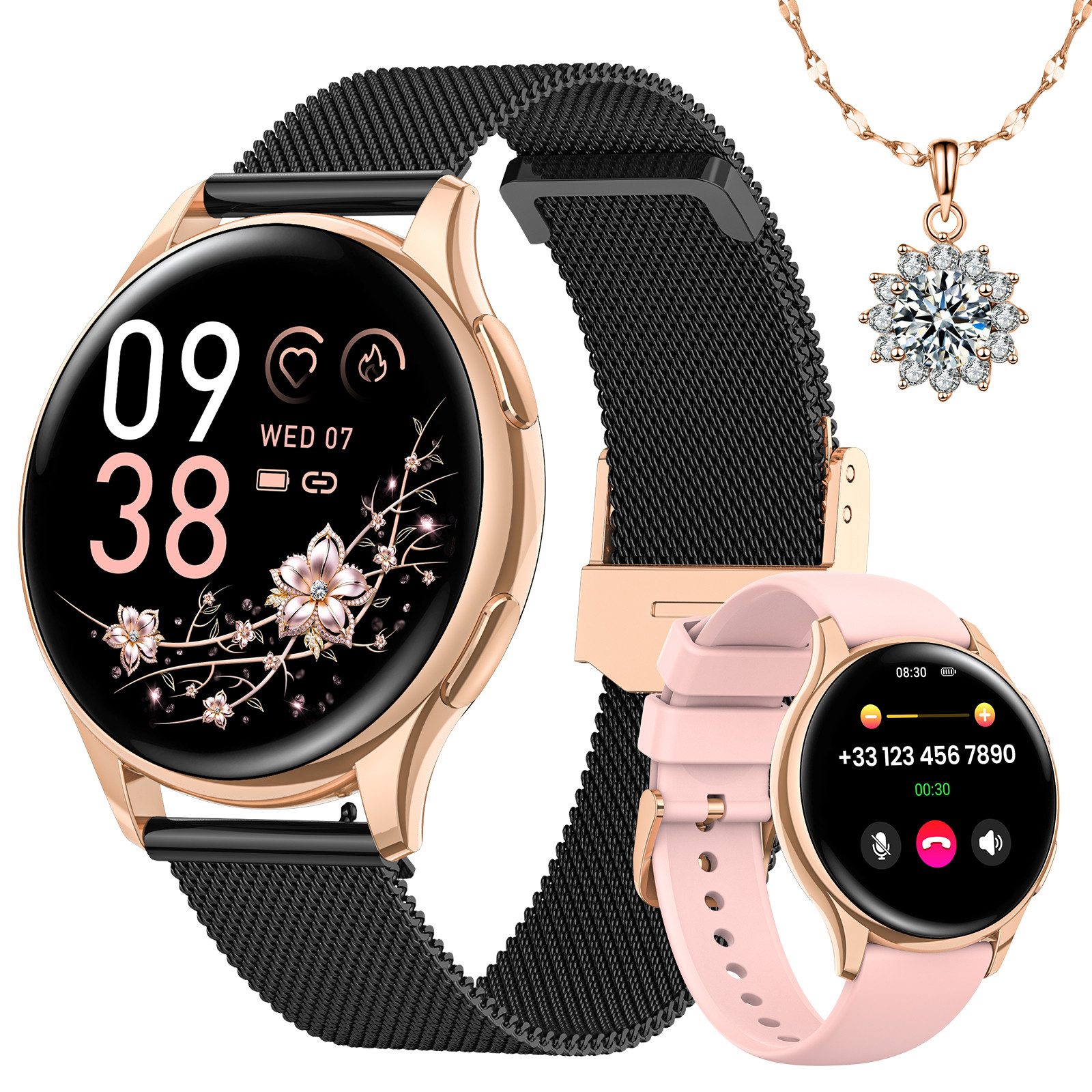 SWGOTA 2026 NEW Smartwatch Damen Fitnessuhr Damen mit Pulsuhr,SpO2,Blutdruck Smartwatch (3.23 cm) IP68 Smartwatch Damen rund mit Edle Halskette/120+ Sportmodi/Anrufe, Uhr Damen mit Schlafmonitor,Geschenk für Damen