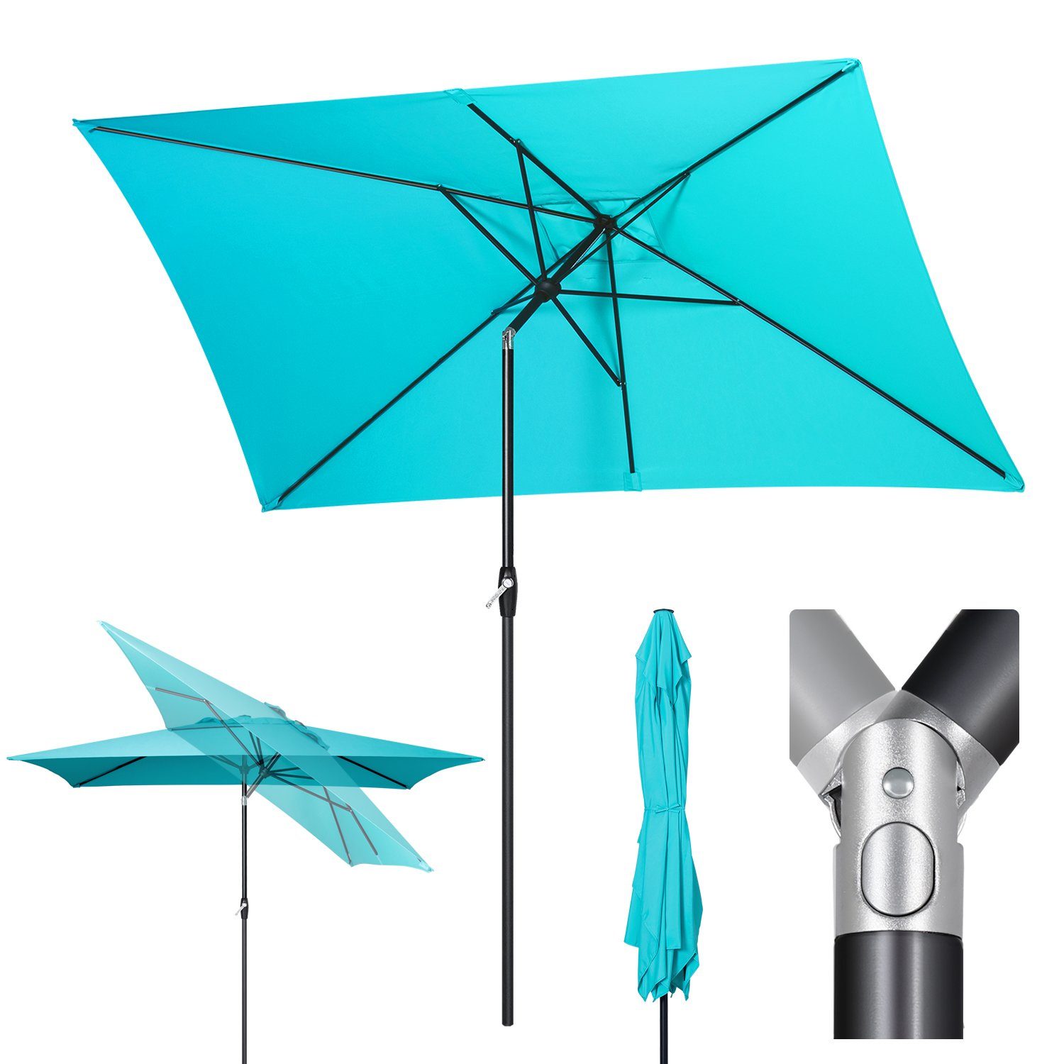 Sekey Sonnenschirm Rechteckig 3x2 m Sonnenschirm Aluminium Marktschirm mit Kurbel, Gartenschirm Groß, mit/ohne LED-Lichtern, 30° knickbar, für Garten