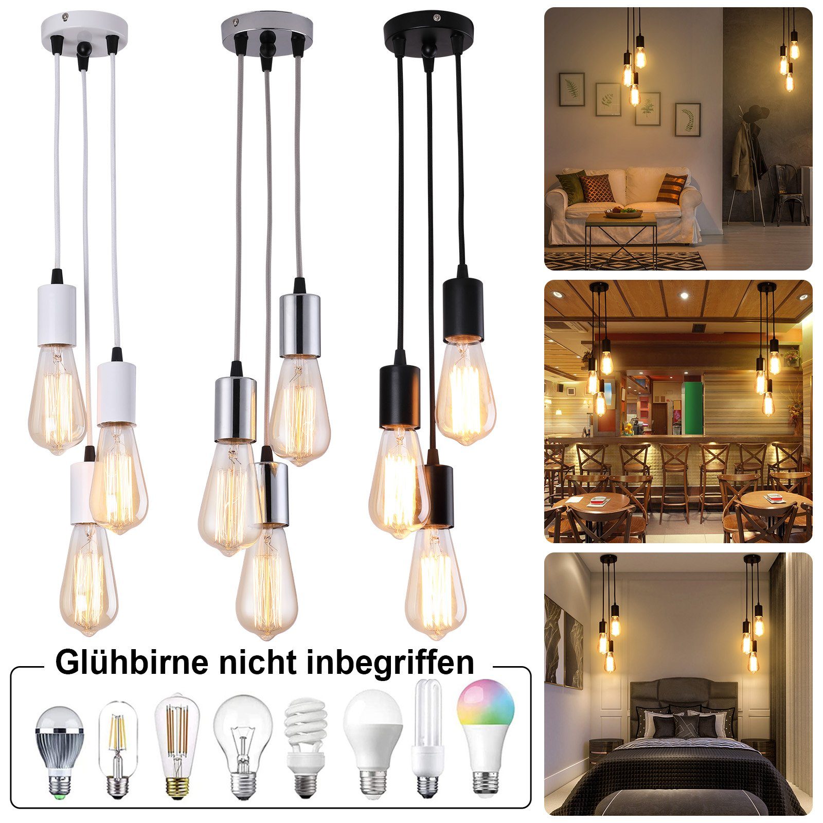 Rosnek LED Pendelleuchte E27, 3-Lichter, für Restaurant nicht Chrom Glühbirnen enthalten Bar Schlafzimmer Deko, Cafe Wohnzimmer