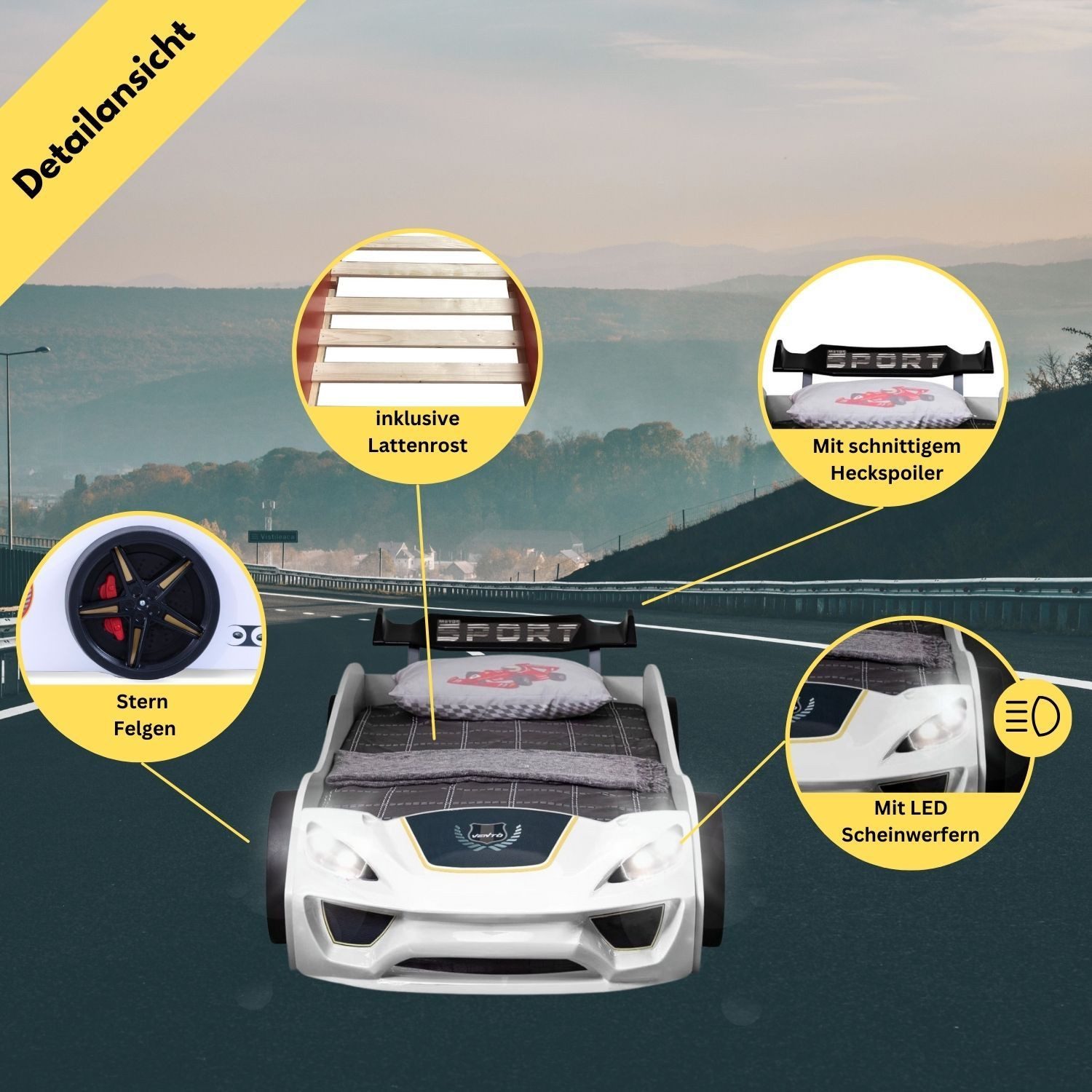 Coemo Autobett DREAM RACER (Spielbett mit Spoiler), Weiß Kinderbett 90x200 Rennwagen inkl. Lattenrost LED-Licht Spielbett
