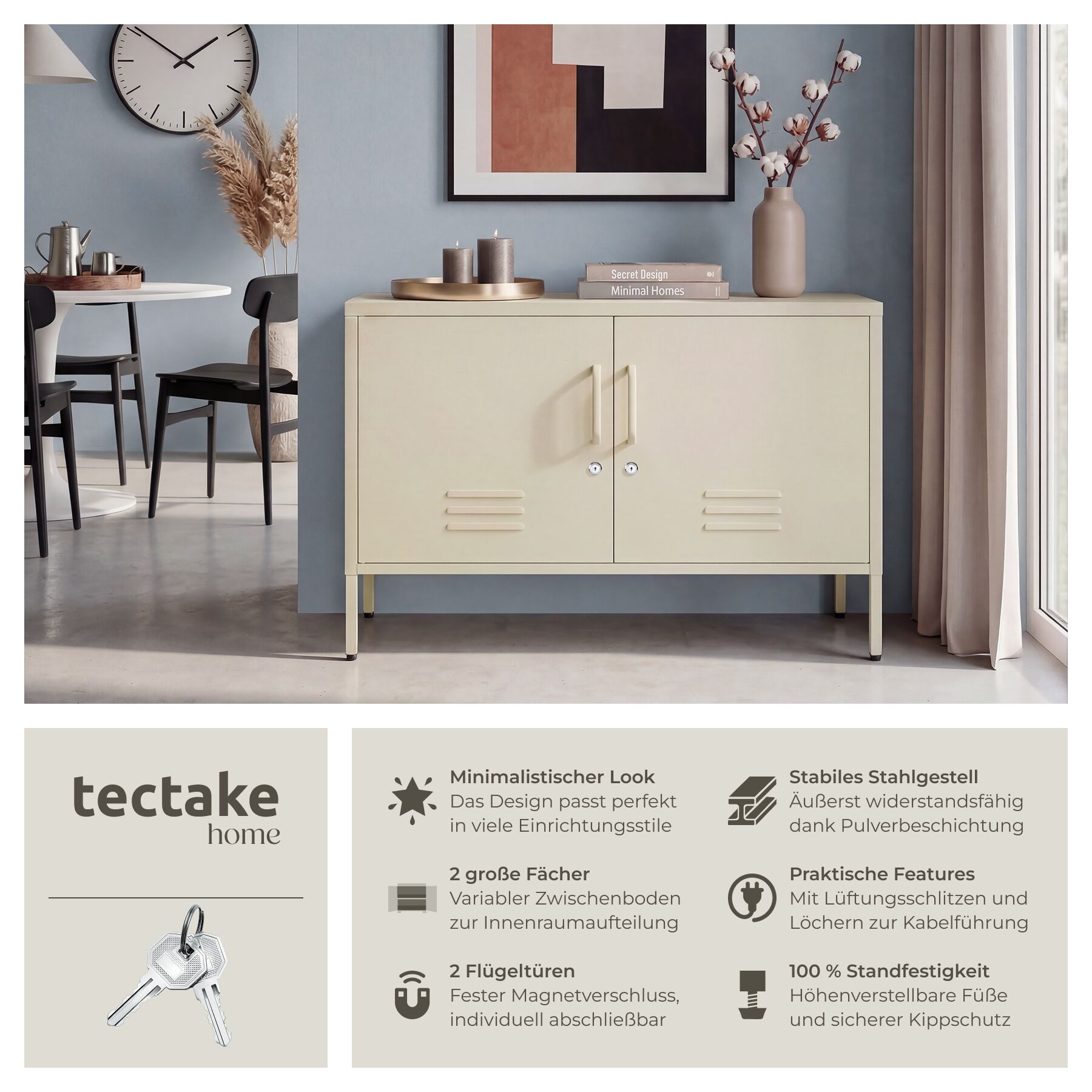 tectake Lowboard Sideboard, Kippschutz, höhenverstellbare Füße, 100 x 42,5 x 65 cm (Kommode Baker, in creme), 3 Türen mit Magnetverschluss, Zwischenboden verstellbar, Kabelführung
