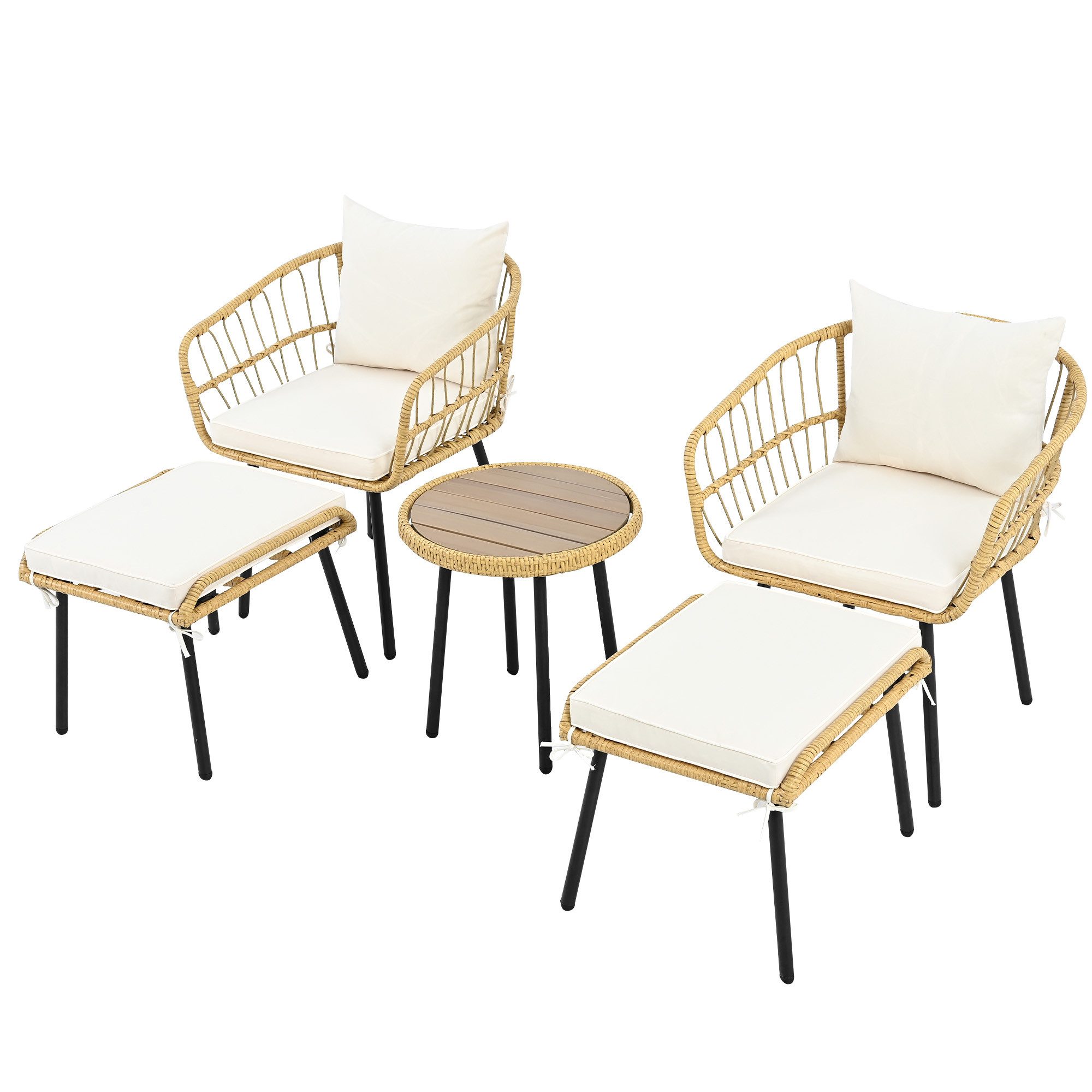 MODFU Gartenlounge-Set aus Rattan, Möbeln, (Garten-Lounge-Set, Gartenmöbel-Set, Balkonset, 5-tlg., 1 Esstisch, 2 Stühlen, 2 Hockern), Rattan-Geflecht und Metallbeine