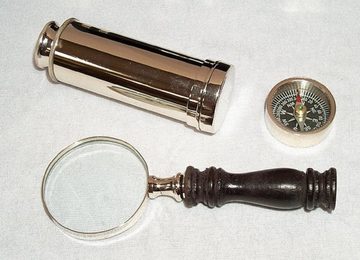 Linoows Dekoobjekt Nautik Set, Teleskop, Lupe und Kompass in einer Schatztruhe, Reproduktion