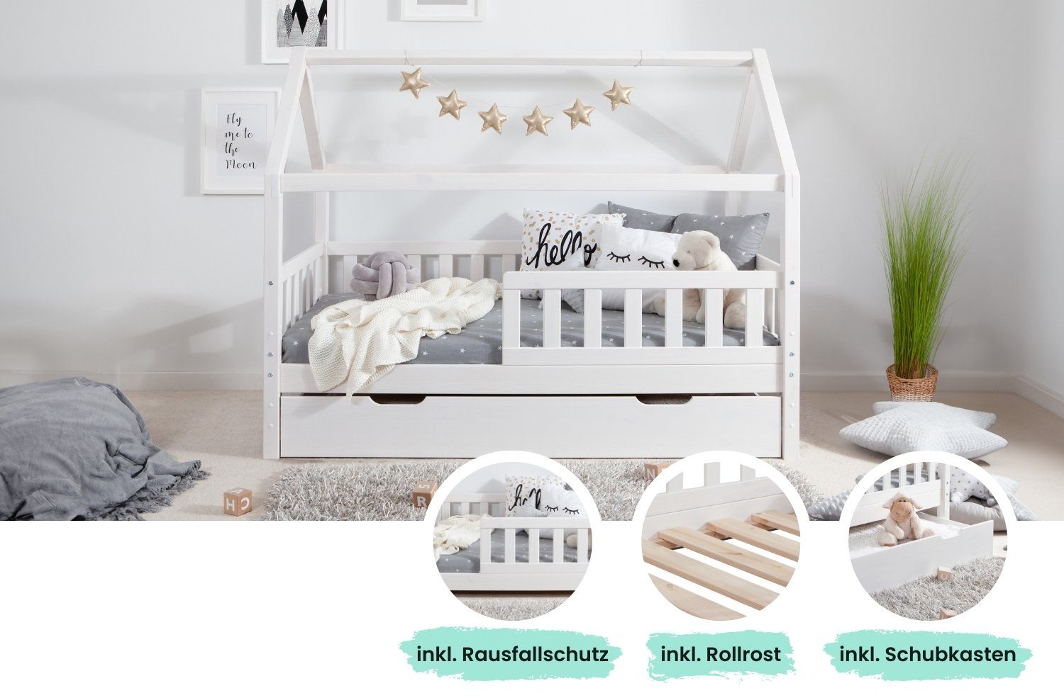 Ticaa Hausbett Kay mit Rausfallschutz und Schubkasten aus Kiefer, Kinderbet günstig online kaufen