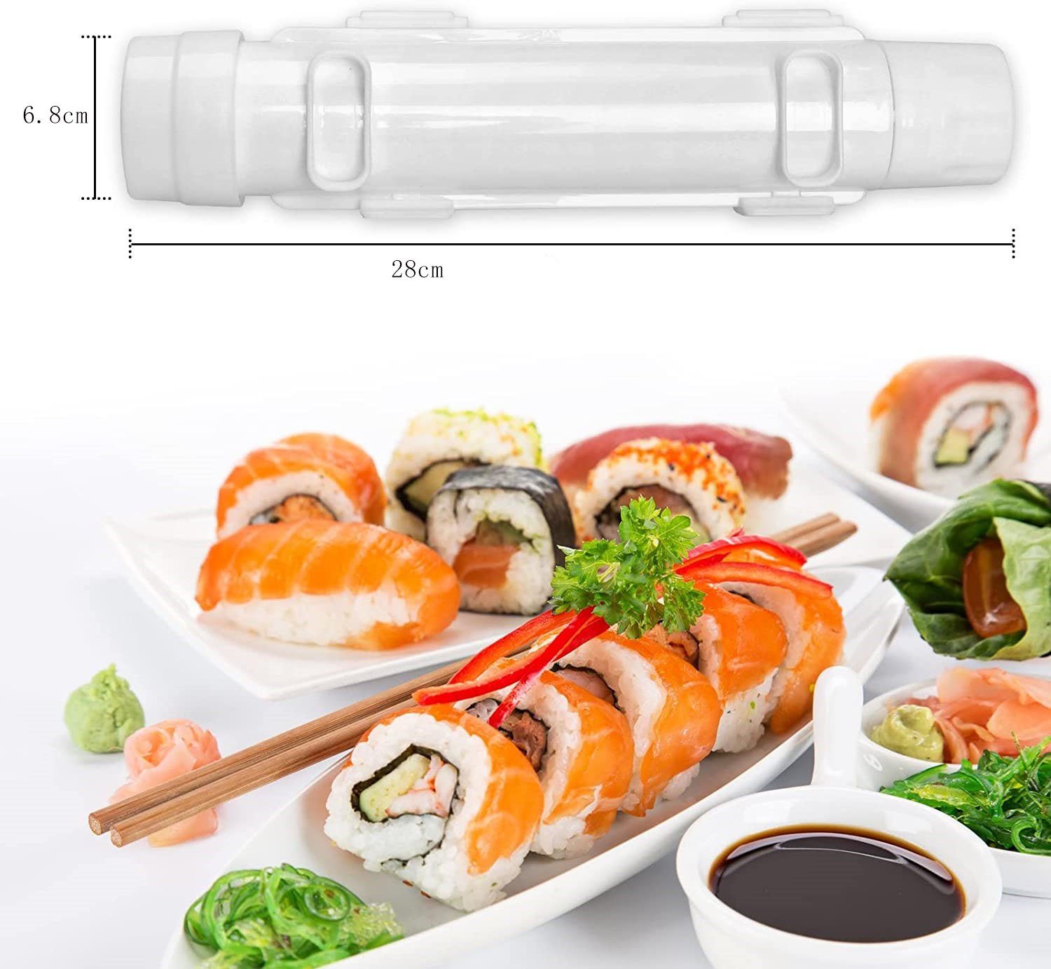 NUODWELL Zubereitungswerkzeuge gemeinsame Sushi-Bazooka, Weiß Sushi-DIY-Maschine, Sushiteller