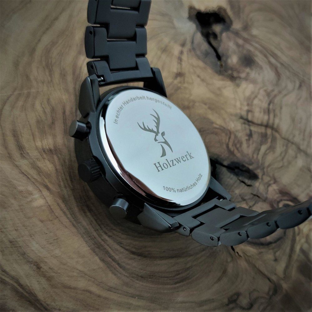 schwarz, Holz Uhr & grau in Edelstahl Armband Chronograph Holzwerk Herren BRAMSCHE