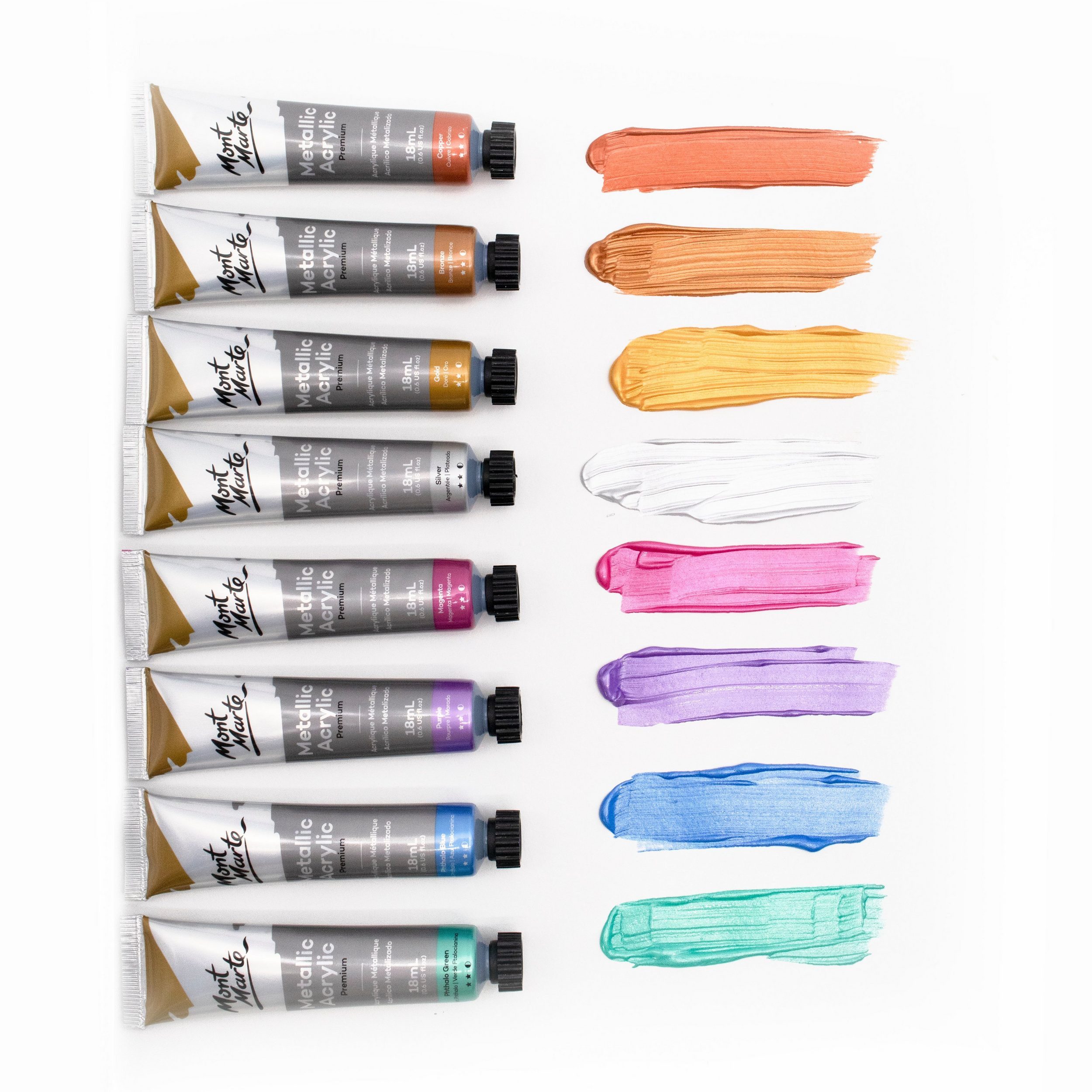 Mont Marte Acrylfarbe Set Metallic 8 × 18 ml Tuben – edle Metalltöne mit schimmerndem Effekt, Wasserbasiert & ideal für Leinwand, Karton, Papier, Ton, Holz, Stein