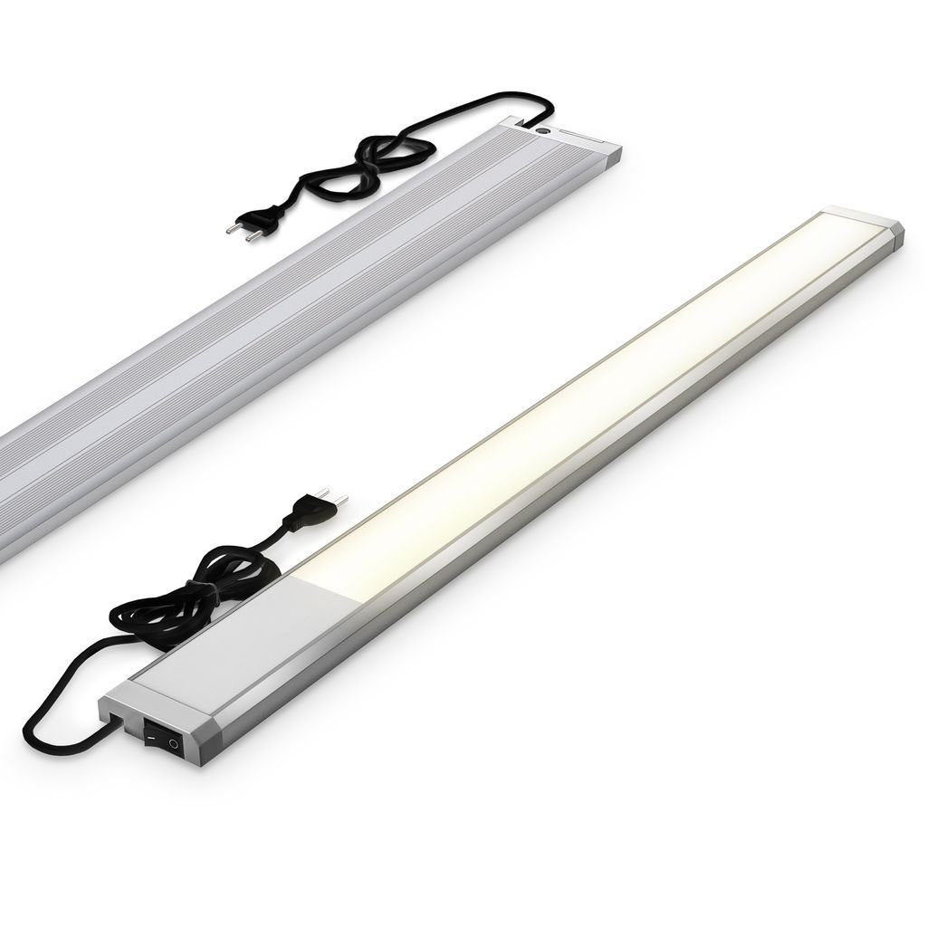 B.K.Licht LED Unterbauleuchte Küche 575mm 10W 1100lm moderne Lichtleiste Bad flach 13mm, LED fest integriert, 3000K - Warmweiß, Unterbaulampe Küchenlampe Werkstattlampe Regal An/Aus Schalter silber