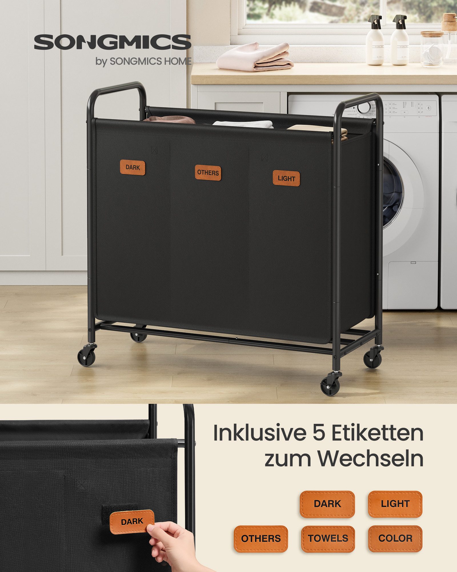 SONGMICS Wäschekorb, Wäschekorb mit Rollen, Wäschesammler 3 Fächer, 170 L W günstig online kaufen