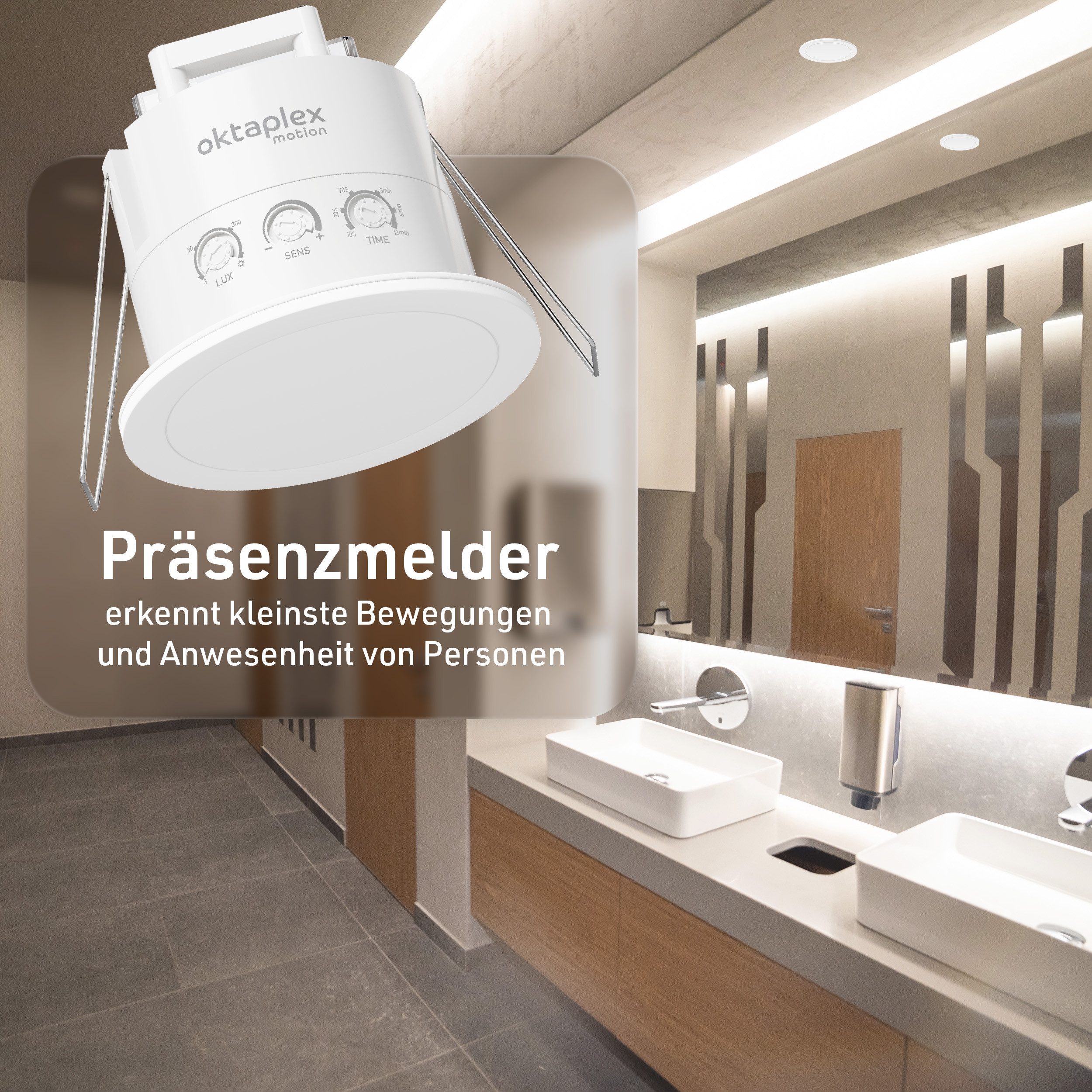 Oktaplex motion Bewegungsmelder Noa Präsenzmelder Decke 360 Grad 24GHz Radar Unterputz, (1-St), 6m Reichweite Badezimmer geeignet IP65 flach weiß