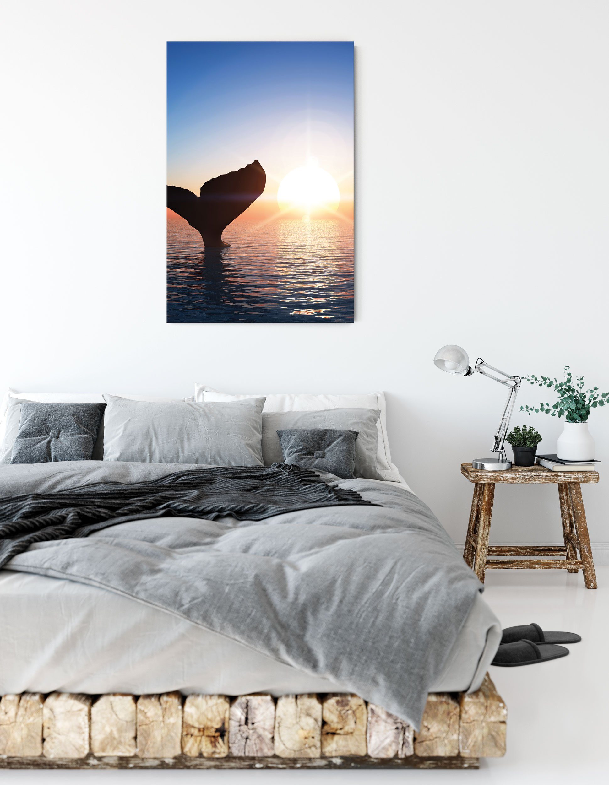 inkl. St), Leinwandbild Walflosse Zackenaufhänger fertig Sonnenuntergang, im bespannt, im (1 Walflosse Leinwandbild Sonnenuntergang Pixxprint