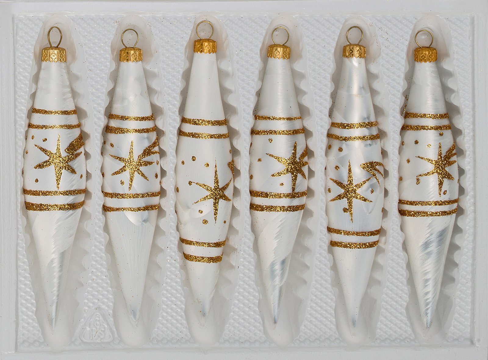 Navidacio Christbaumschmuck 6 tlg. Glas-Zapfen Set Komet in"Ice Weiss Gold"