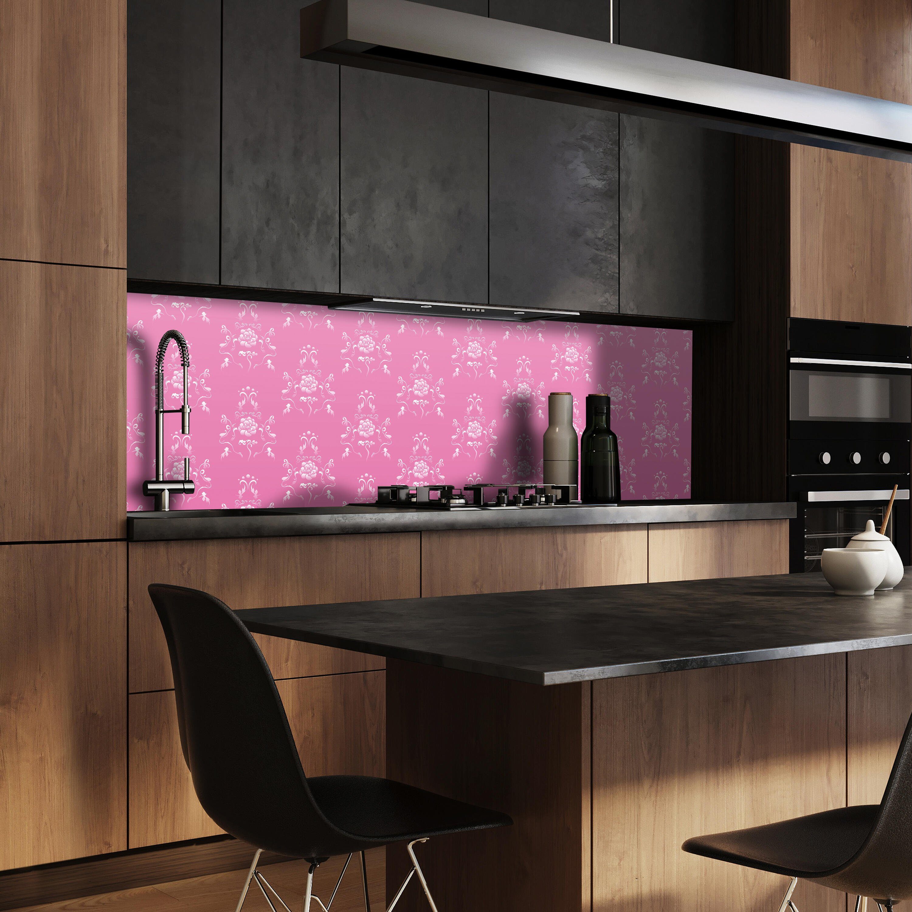 wandmotiv24 Küchenrückwand Barock Pink Muster, (1-tlg), Premium Hartschaum Nischenrückwand in versch. Größen