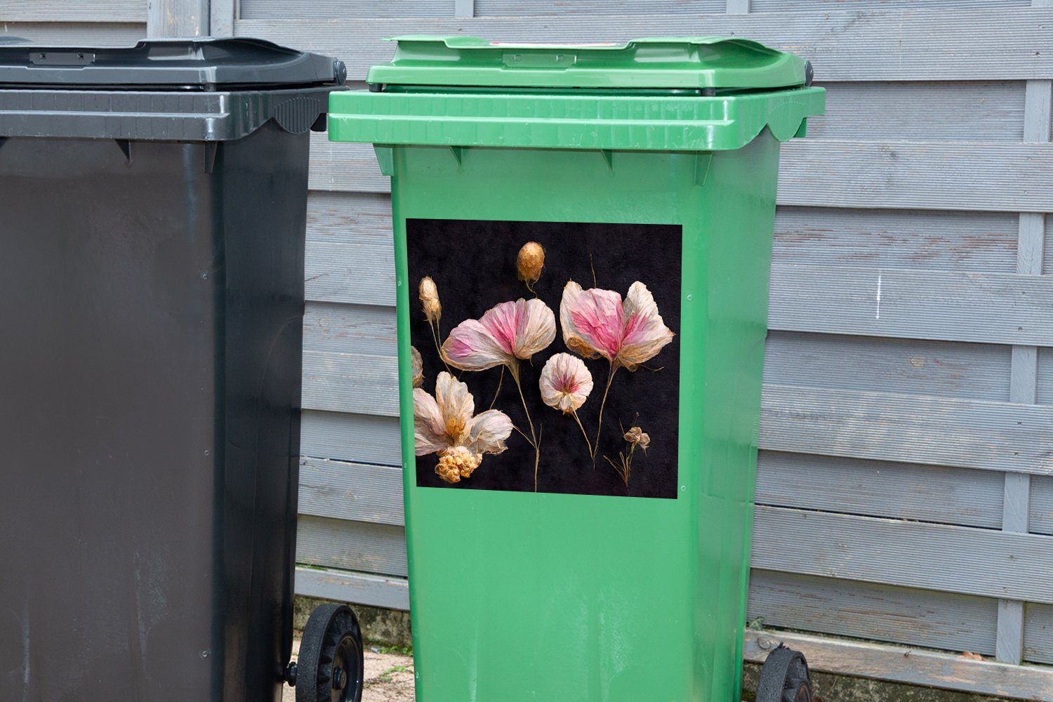 Wandsticker Container, (1 - Abfalbehälter Mülltonne, Blumen Pflanzen MuchoWow - Rosa Mülleimer-aufkleber, Sticker, Schwarz St), -