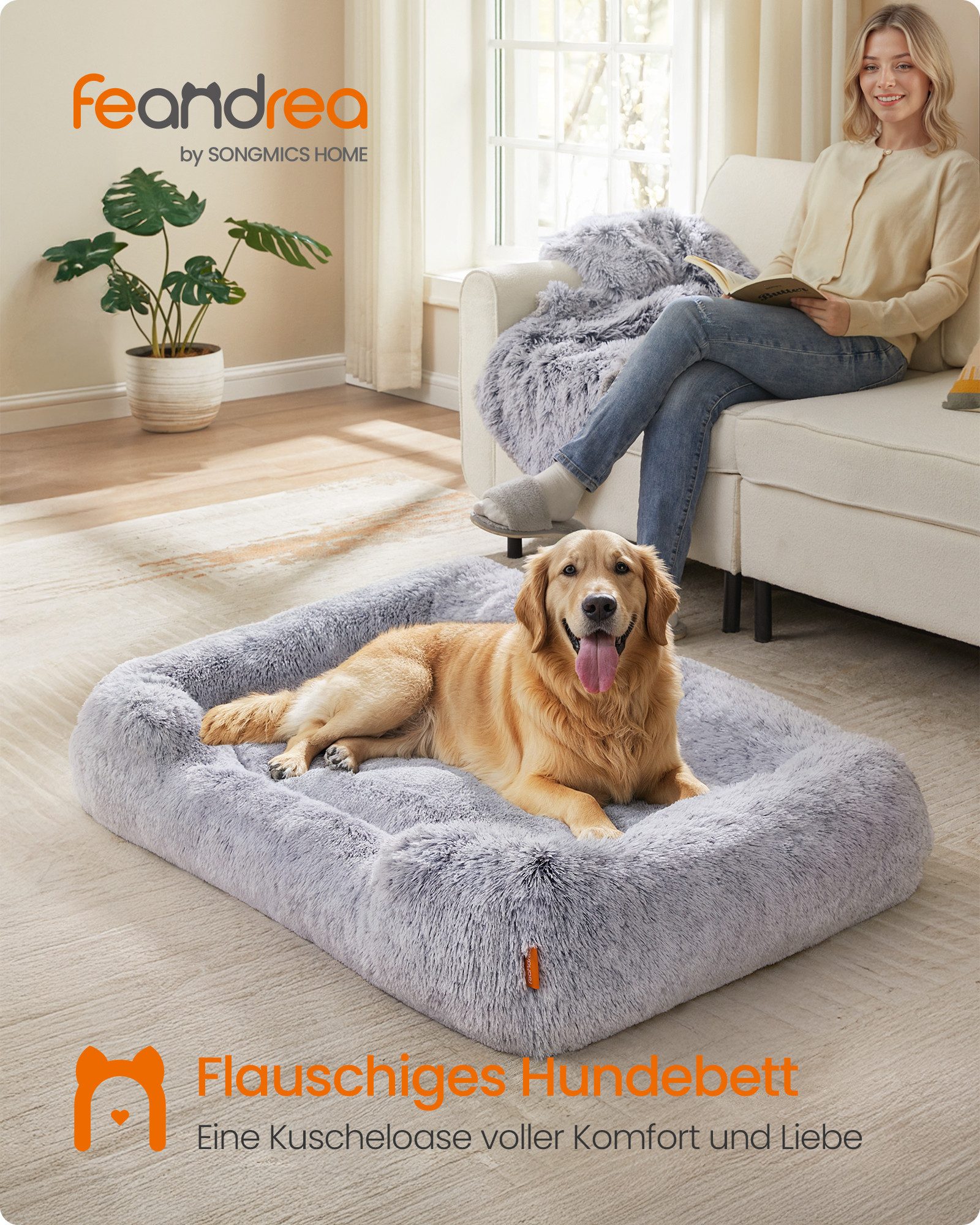 FEANDREA Tierbett Hundebett, Hundekissen, Hundekorb, Hundesofa, rutschfest, Ombré-Grau, weiche Polsterung, 106x75x20 cm, erhöhte Ränder, Bezug abnehmbar und maschinenwaschbar