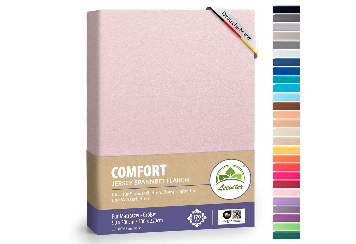 leevitex® Spannbettlaken verschiedene Größen, Stoffgewicht 170 g/m², 40 cm Steghöhe, Jersey, Gummizug: rundum, (1 Stück), verschiedene Farben, OEKO-TEX® STANDARD 100 zertifiziert