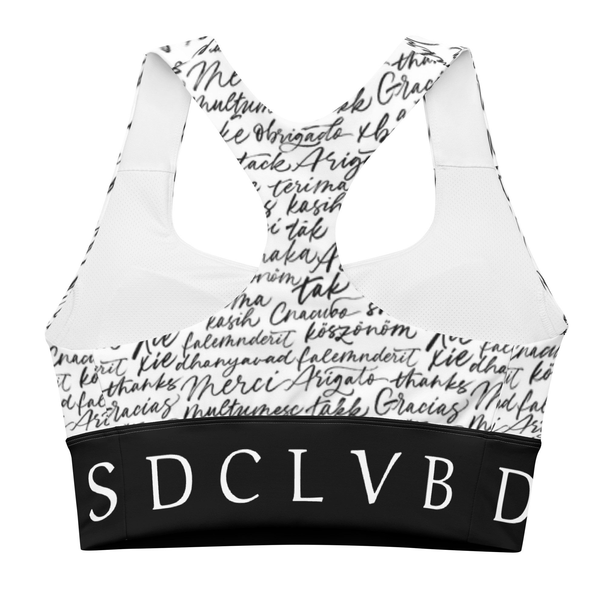 DECALVIBES Sport-BH Longline Sports Bra Multilingual Calligraphy Longline Design, starker Halt, herausnehmbare Pads, atmungsaktiv