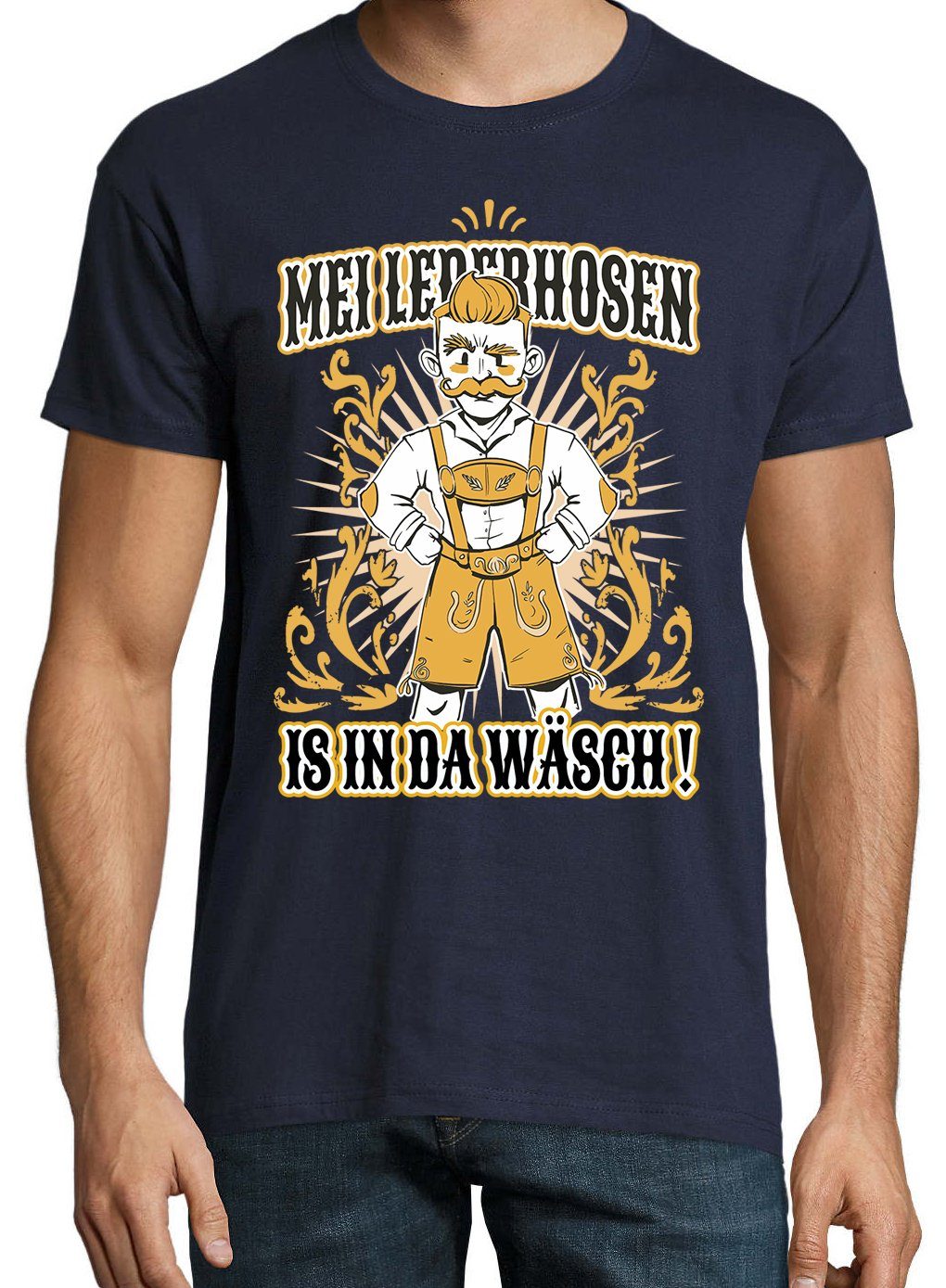 Wäsch" mit Shirt Navyblau Youth In Läderhose Designz Frontprint lustigem Herren Der "Mei T-Shirt
