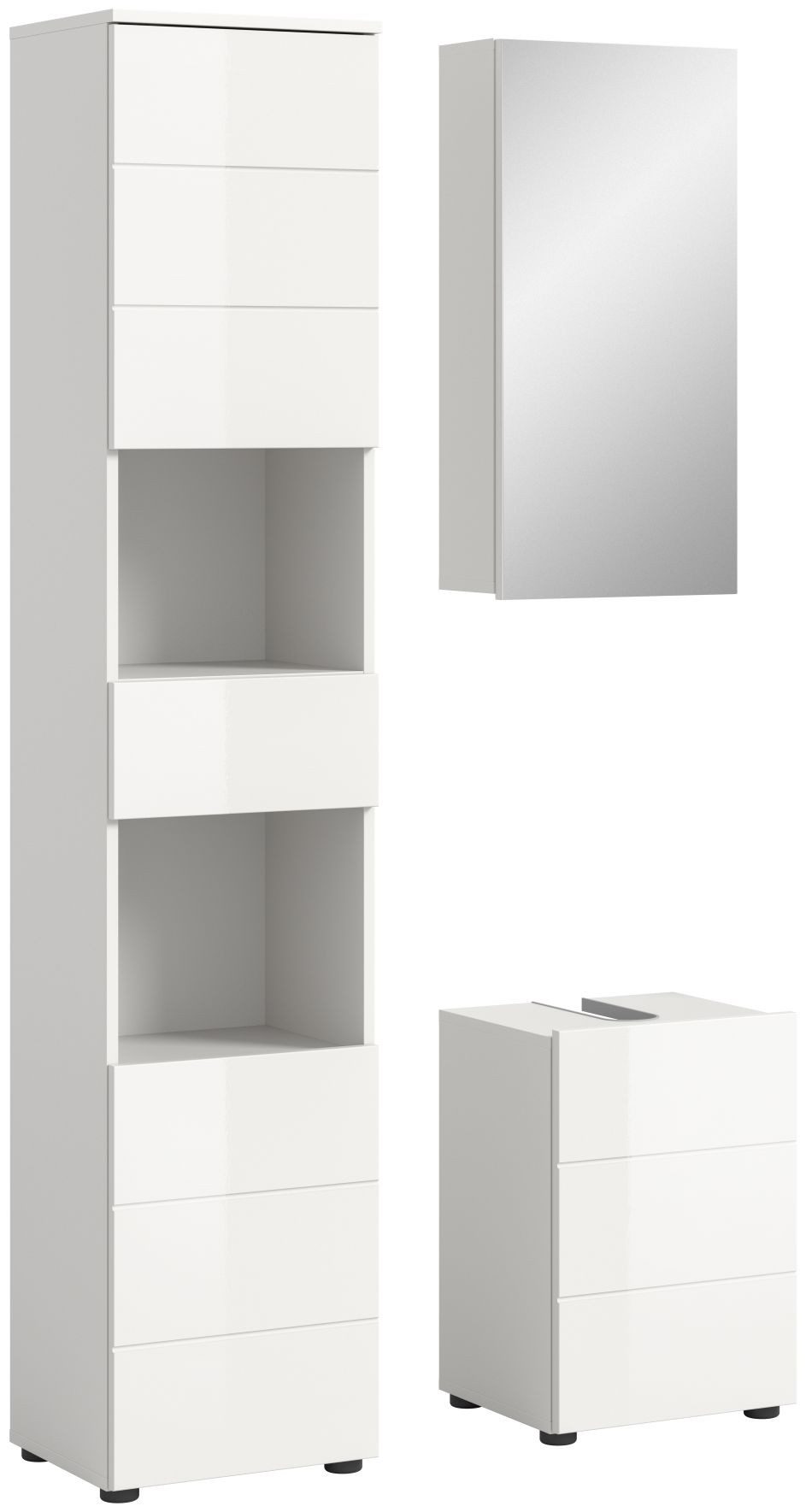 xonox.home Badmöbel-Set, (3tlg. Set inkl. Hochschrank, Waschbeckenunterschrank, Spiegelschrank), Weiß Hochglanz Melamin Modern 91x190x34 cm