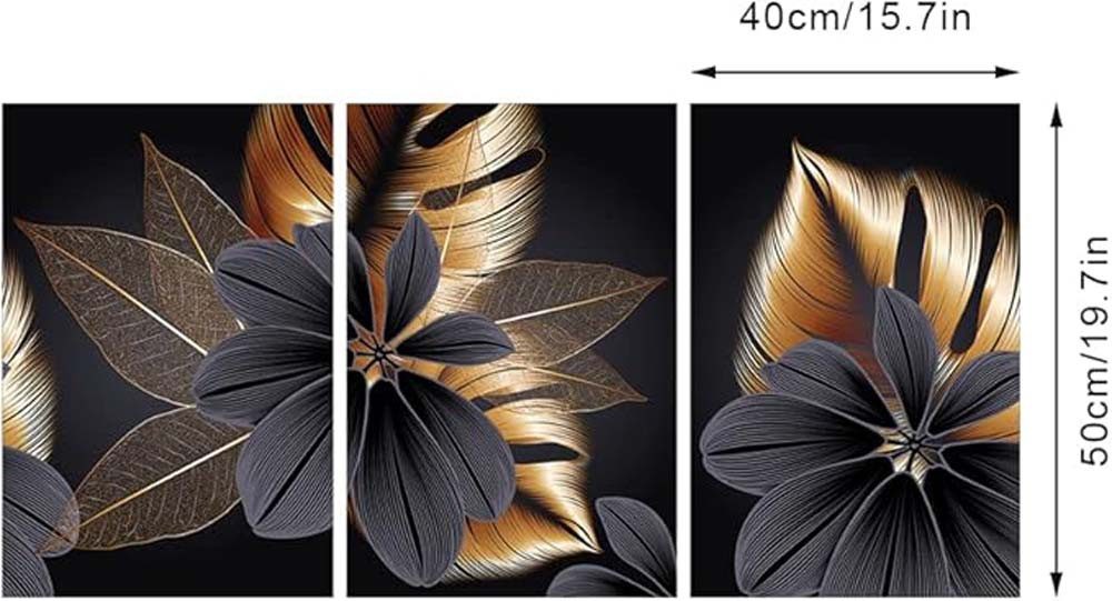 trends for living Wandbild Moderne Wanddekoration 3 Leinwandbilder schwarz gold mit Pflanzenmotiv, (3 St)