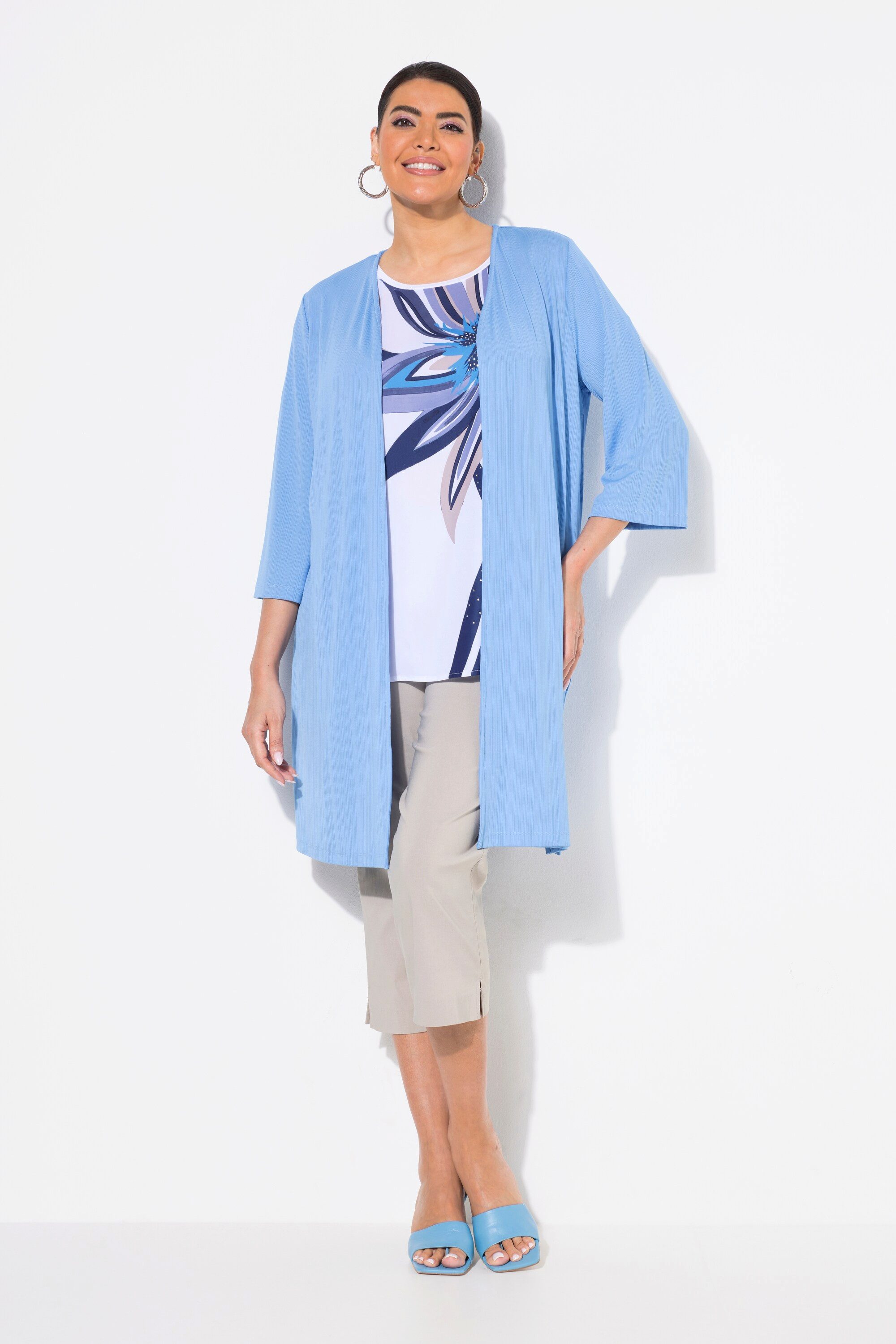 Ulla Popken Shirtjacke Longjacke Rippjersey offene Form V-Ausschnitt günstig online kaufen