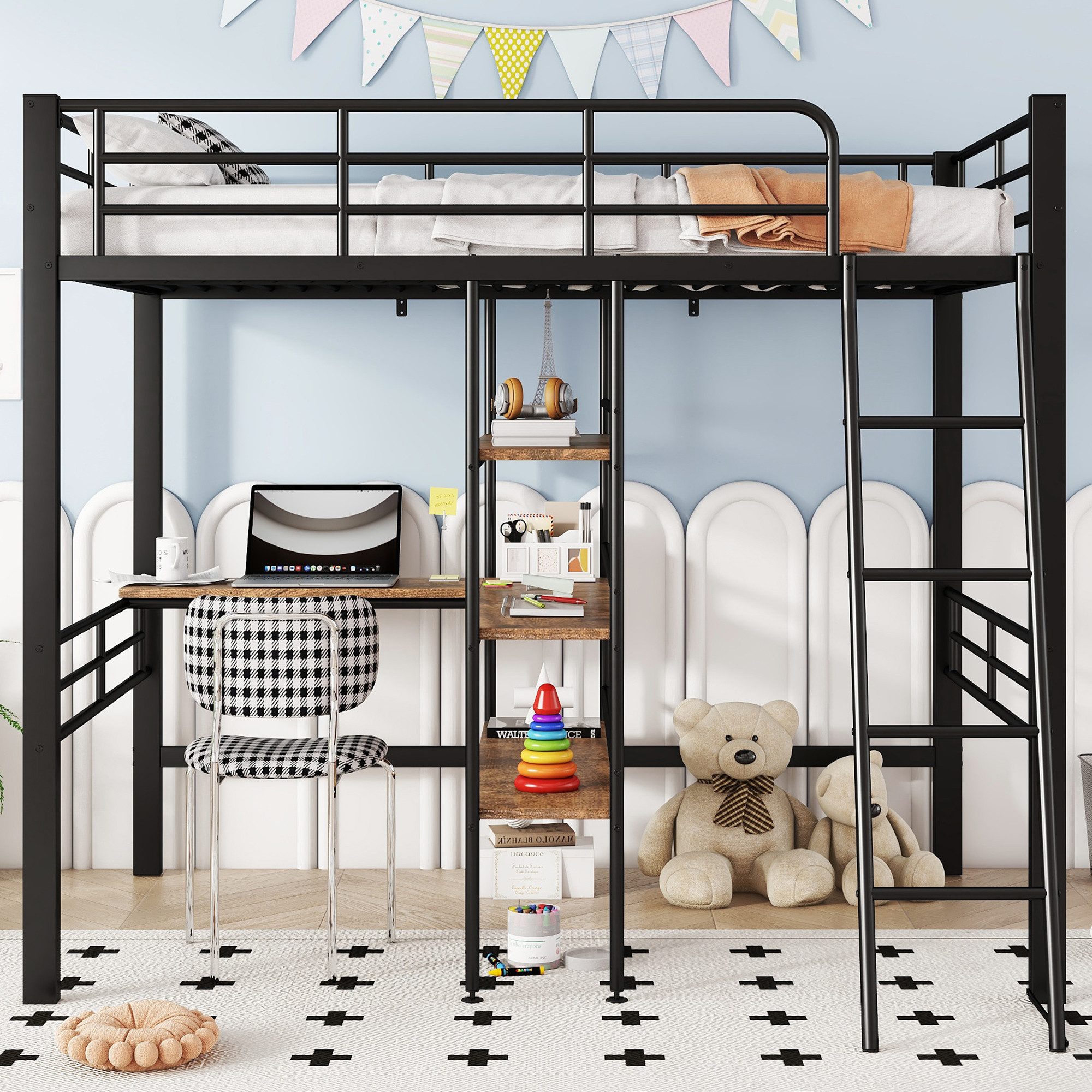 Flieks Hochbett Metallbett Kinderbett 90x200cm mit Schreibtisch Regale Gelä günstig online kaufen