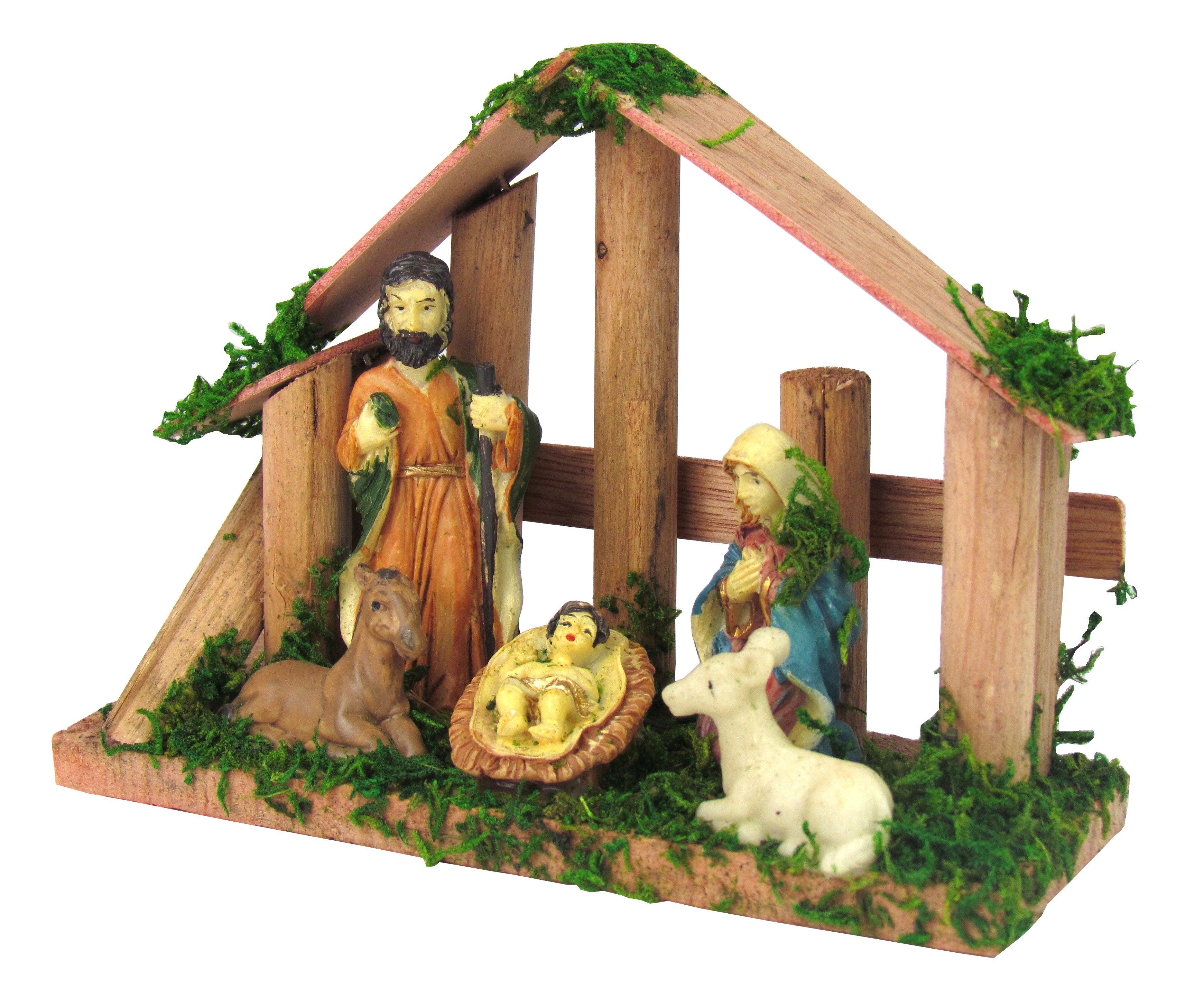 steinwohn Krippe Weihnachtskrippe aus Holz inkl. Figuren, – mit künstlichem Moos verziert, ca. 15 x 11 x 5 cm