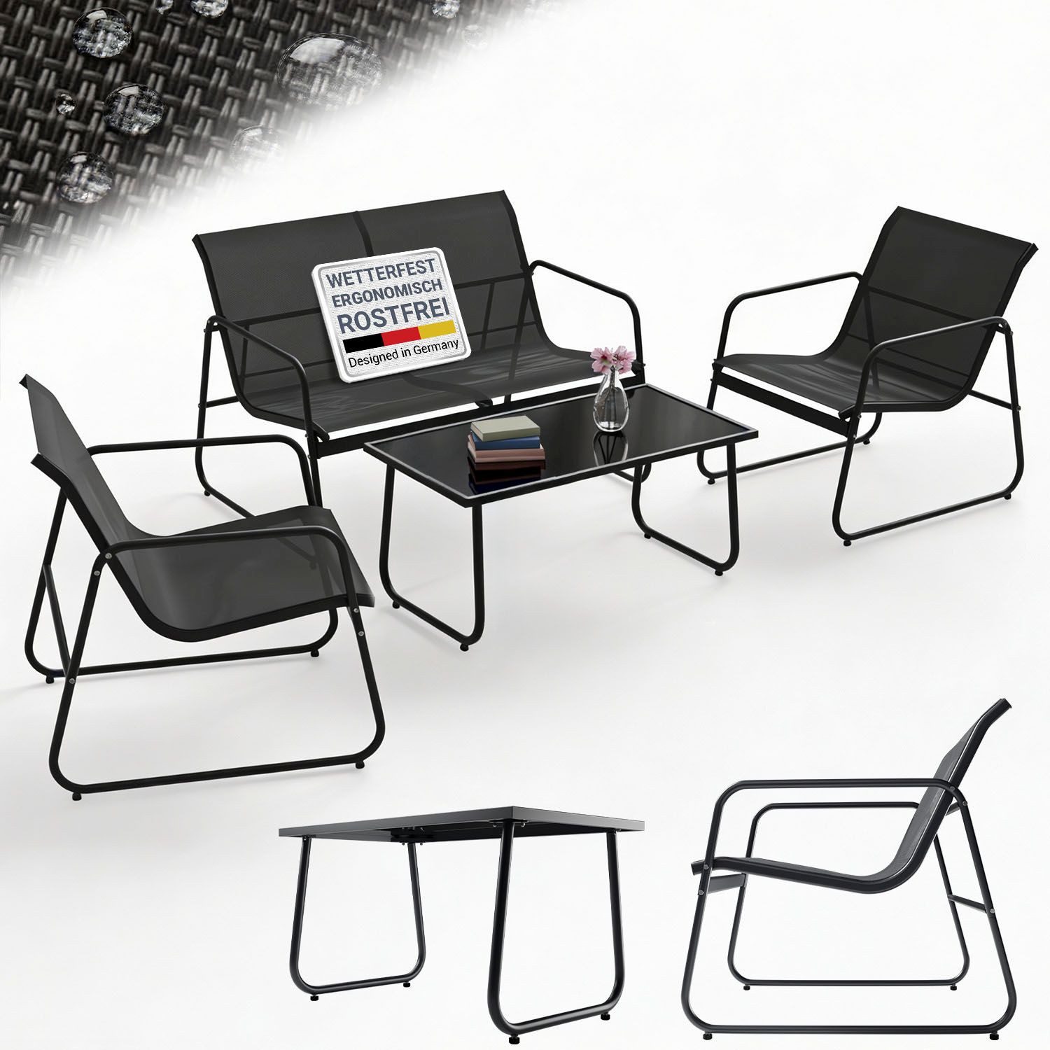 Juskys Gartenlounge-Set Genua, (4-tlg), 4-teilig, UV-beständig, Metallgestell, Tisch mit Glasplatte