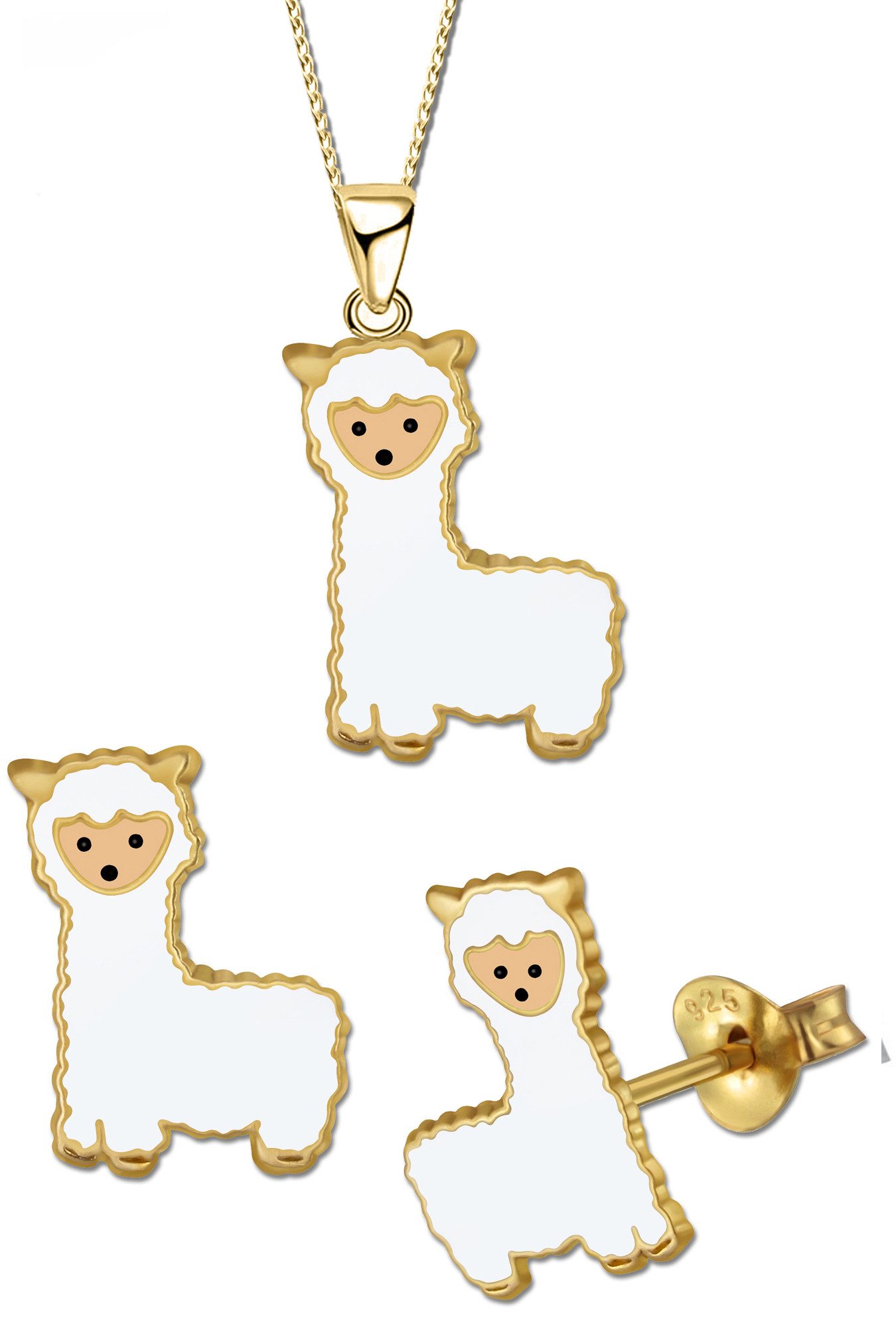 Limana Schmuckset Kinder Mädchen 925 Silber Alpaka Lama Kette mit Ohrringe Ohrstecker, Set Echtschmuck Kinderschmuck Geschenk Idee Gold Rosegold Rotgold