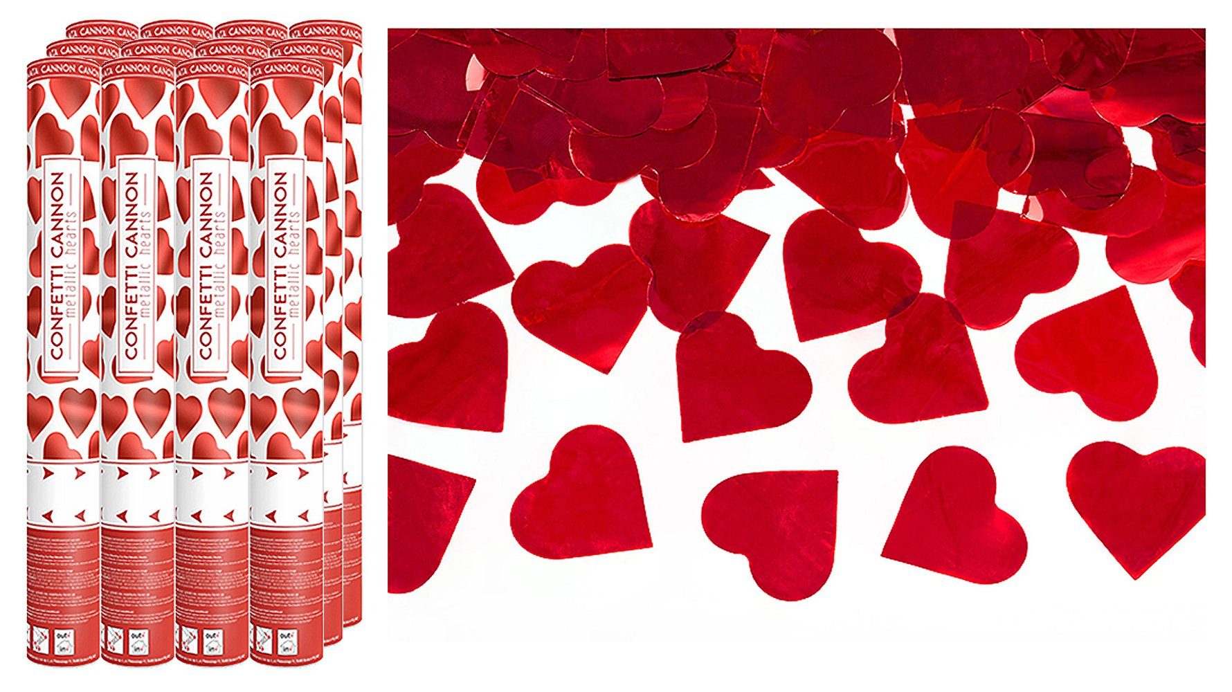 partydeco Konfetti, Konfettikanone mit Herzen 40cm rot 12er Set