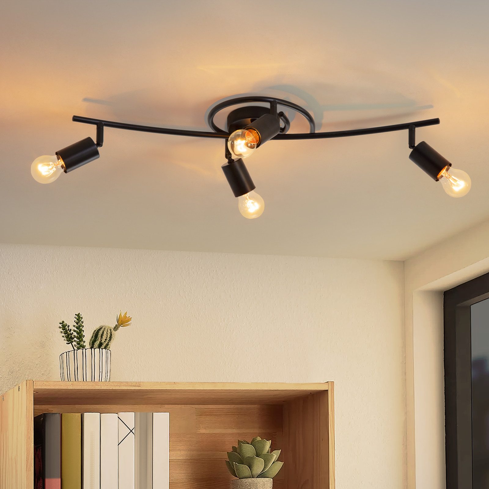 ZMH Deckenstrahler 4 Flammig Schwarz Schwenkbar 350° Deckenspot E27 für Küche Flur, Hochwertige Material, ohne Leuchtmittel, Vintage Küchenlampe für Wohnzimmer Schlafzimmer