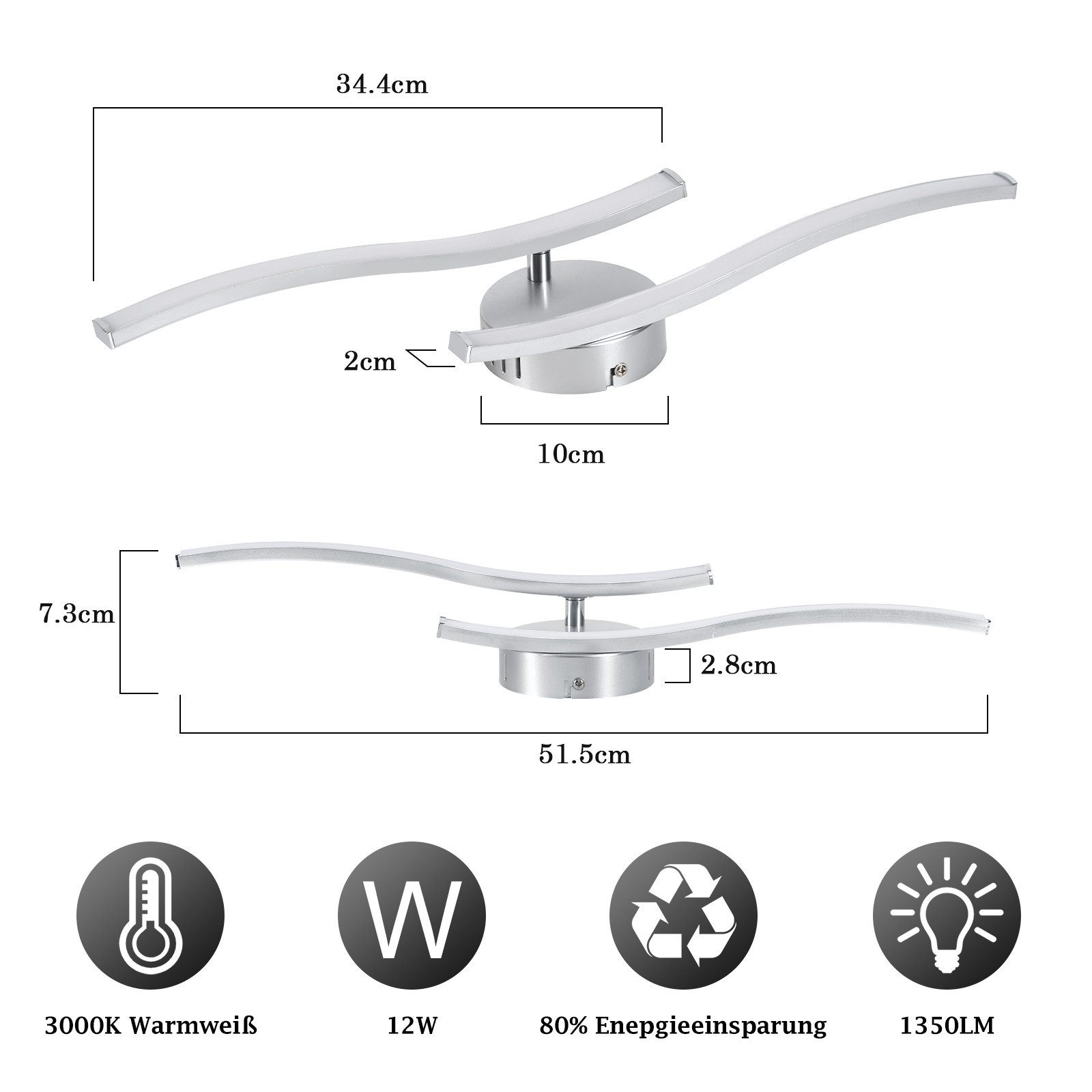 ZMH LED Deckenleuchte Wohnzimmer Schwarz Wellen Design Modern Deckenlampe 3000K Flur Küche, Augenschutz, Einfache Installtion, LED fest integriert, Warmweiß, 12W Küchenlampe Innen Schlafzimmerlampe