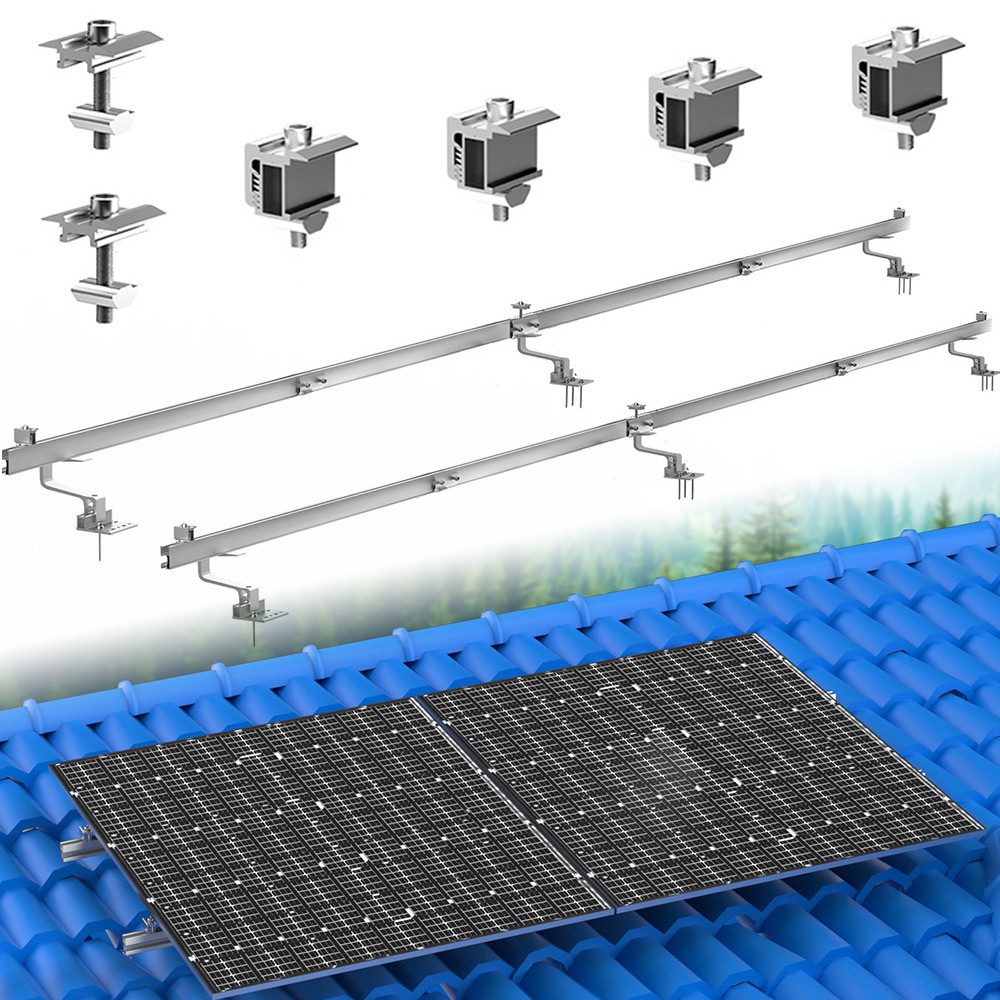 Rhein Beleuchtung Solarmodul-Halterung Dachhalterungen Solarmodule mit Klemmen 30-35 mm, (bis 96,85 Zoll, Set, 1-tlg., Balkonkraftwerk Halterung Ziegeldach: Flachziegel, Hohlpfanne, PV Halterung Flachdach, höhenverstellbare Edelstahlhaken, Easy-Click)