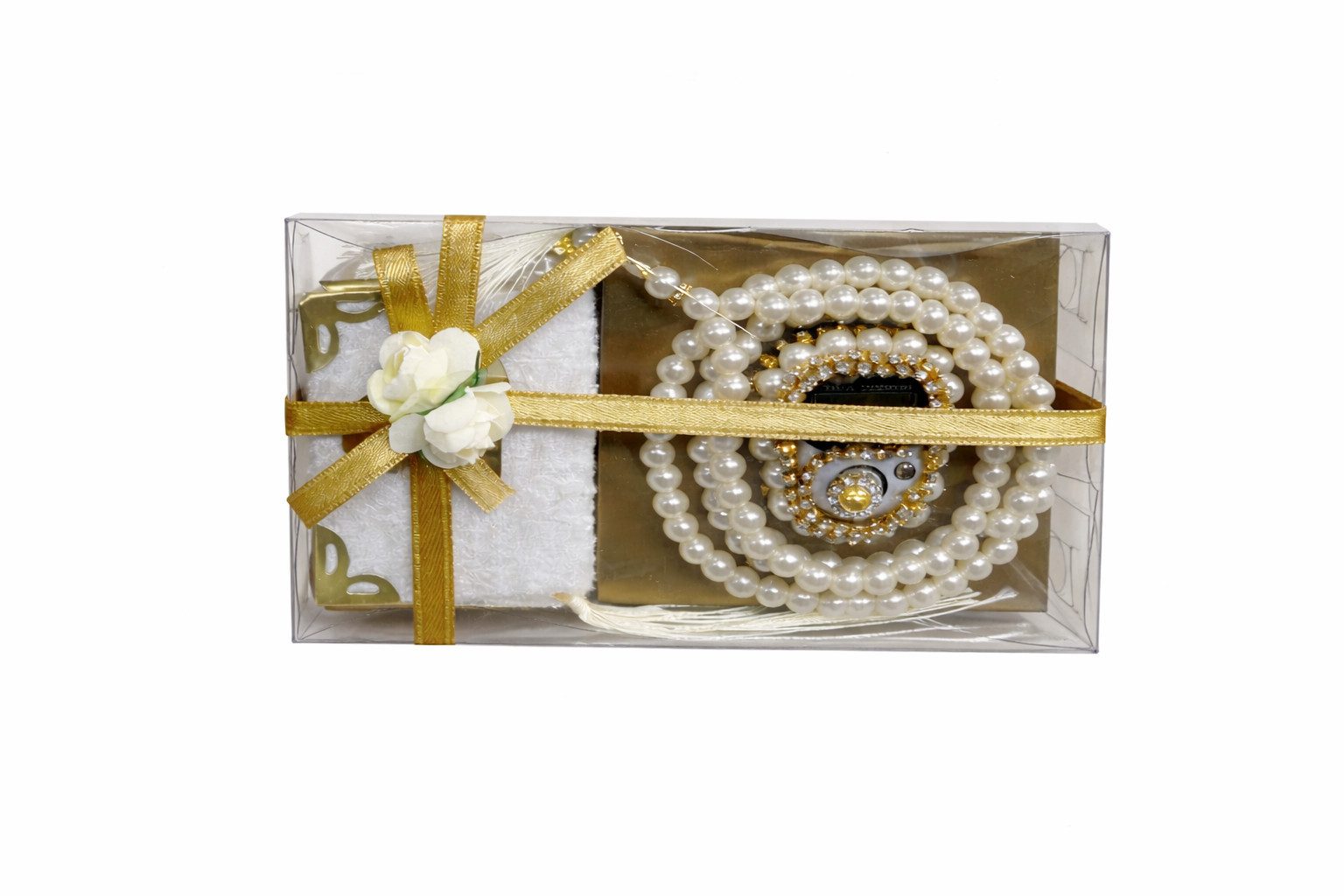 Aymasal Perlenketten-Set Islamische Geschenke 3tlg. 99 Perlenkette & Fingerzähler & Mini Koran, Dhikr Zähler mit Strasssteinen, schöne Geschenkverpackung