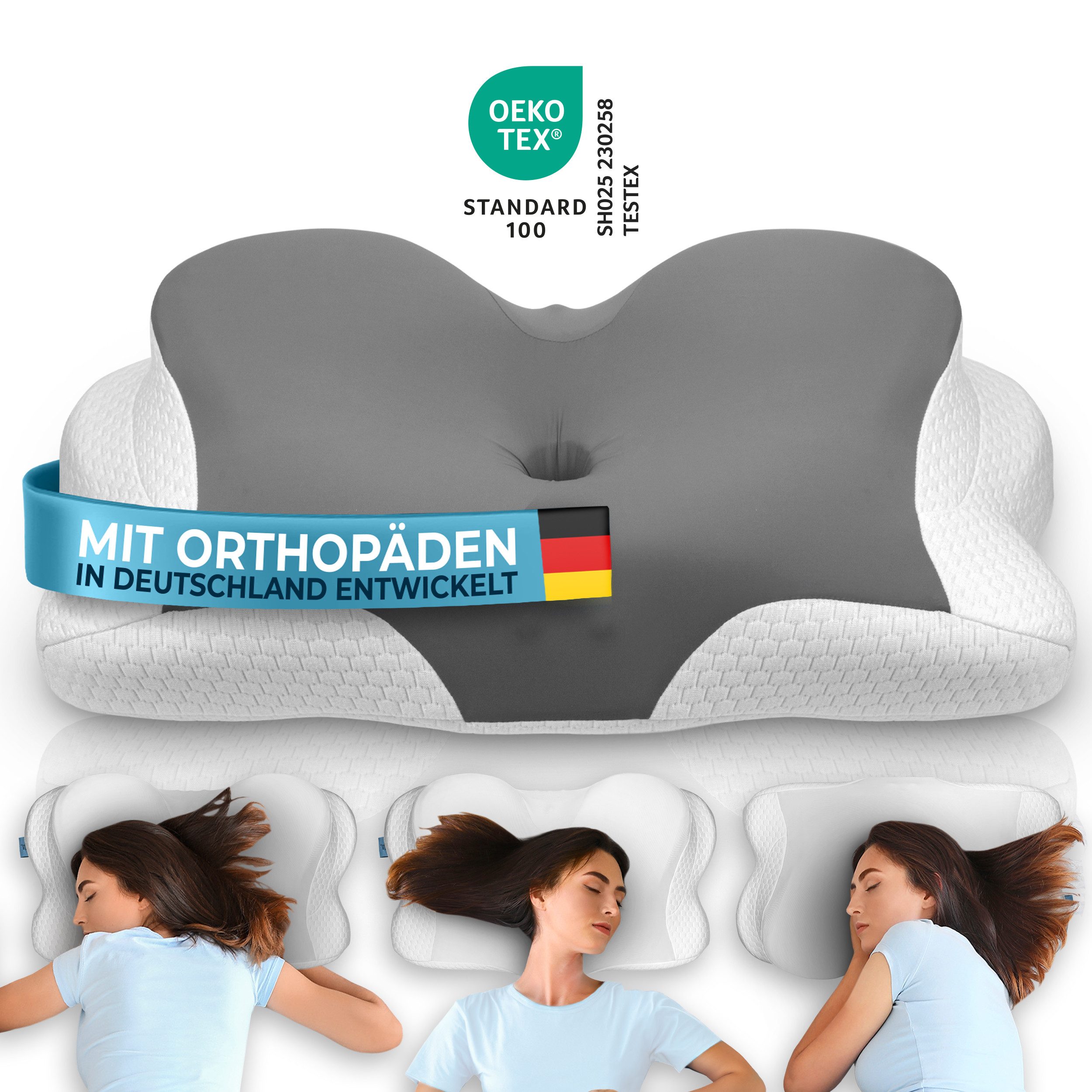 Glückstoff Nackenkissen Orthopädisches Kissen [Innovationspreis für Ergonomie nominiert], Kopfkissen Nackenschmerzen aus Memory Foam, Nackenstützkissen Ergonomische Nackenrolle Seitenschläferkissen Grau