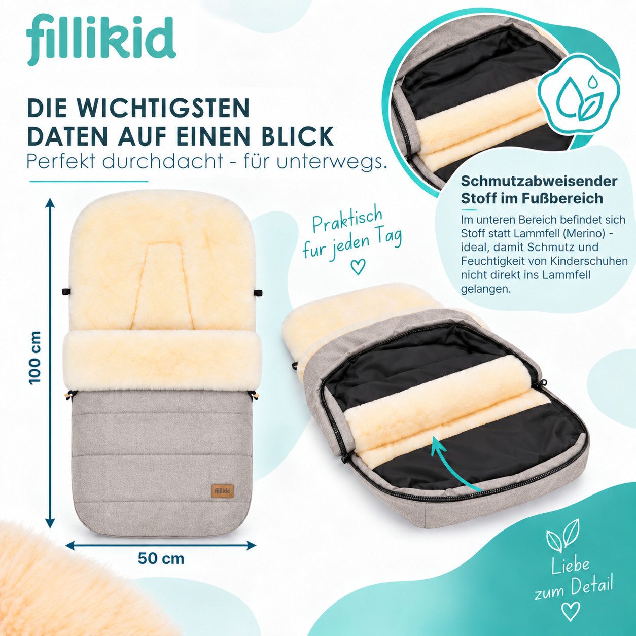 Fillikid Fußsack Winterfußsack Bernina Lammfell Exklusiv, Warmer Winterfußsack mit echtem Merino-Lammfell wasserabweisend und – Bild 4 von 5
