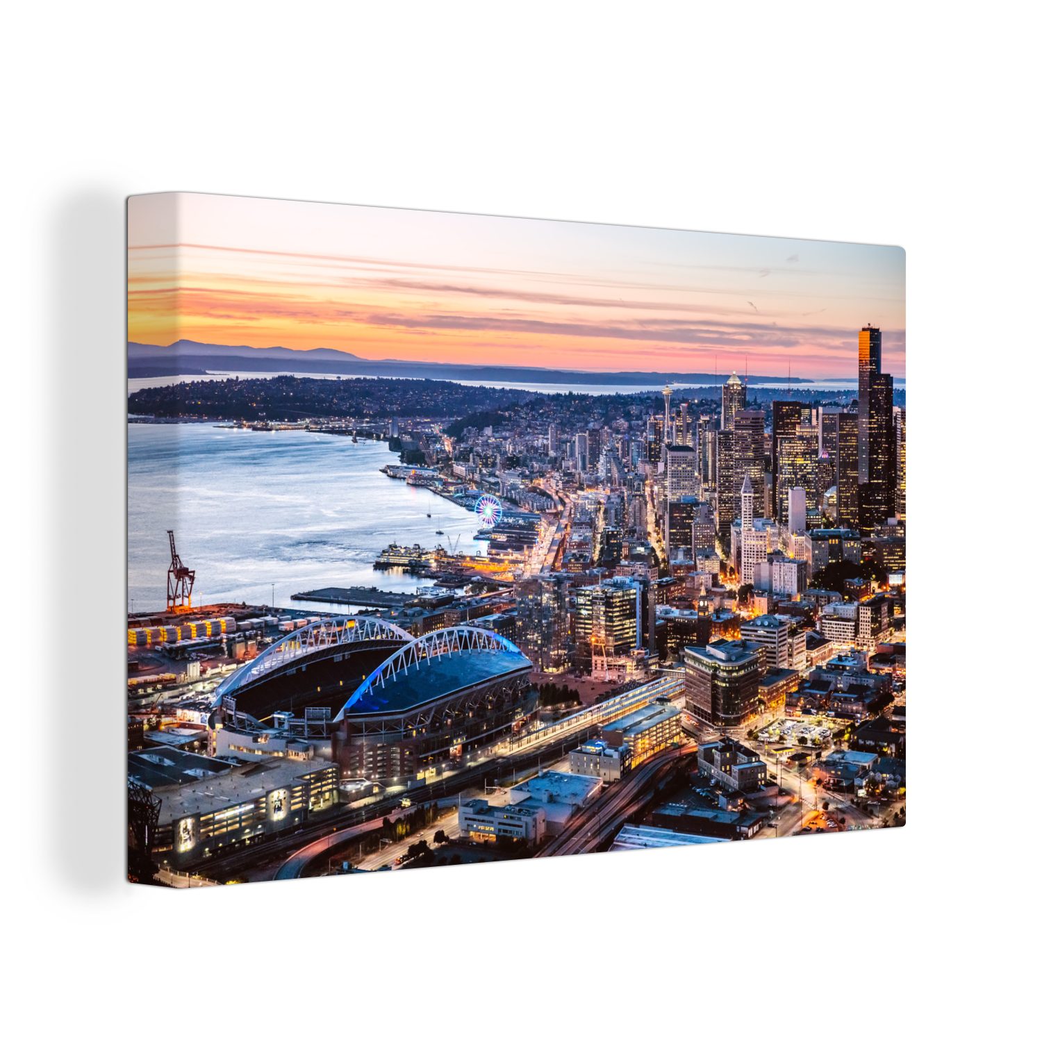 OneMillionCanvasses® Leinwandbild Seattle - Skyline - Sonnenuntergang, (1 St), Wandbild Leinwandbilder, Aufhängefertig, Wanddeko, 30x20 cm