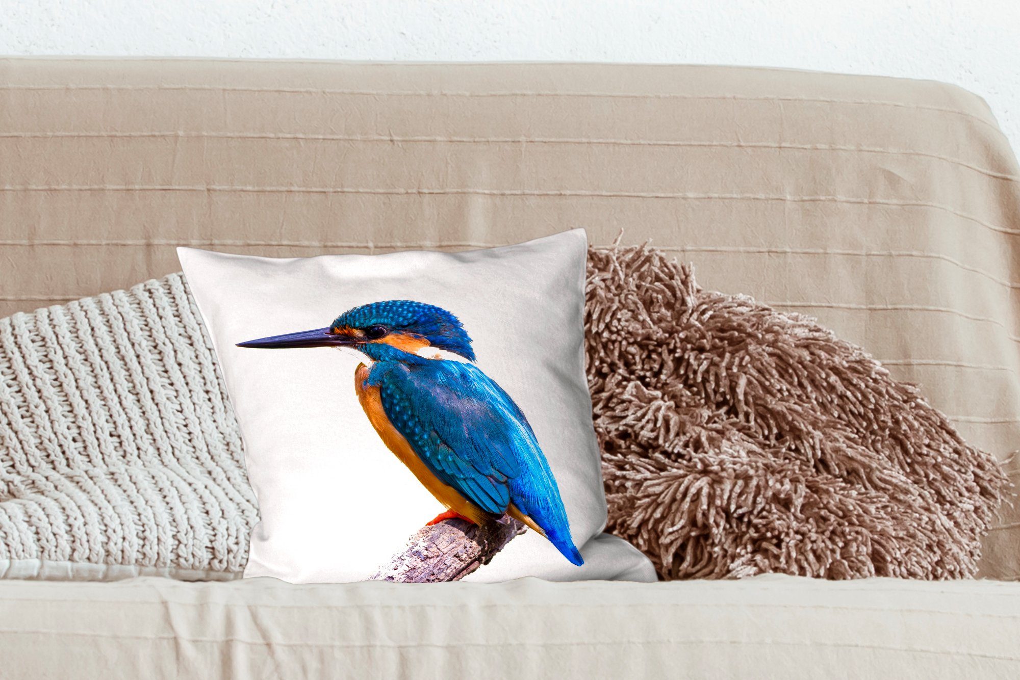 Federn Eisvogel für MuchoWow Dekokissen - Blau, - Zierkissen Deko, Schlafzimmer, mit - Sofakissen Wohzimmer, Zweig Füllung