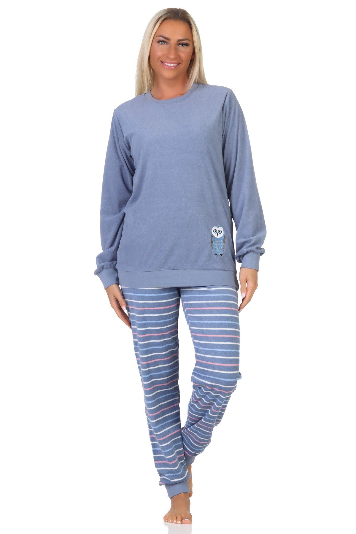 Normann Pyjama Normann Damen langarm Frottee Schlafanzug mit Bündchen und Tiermotiv blau | Pyjamas