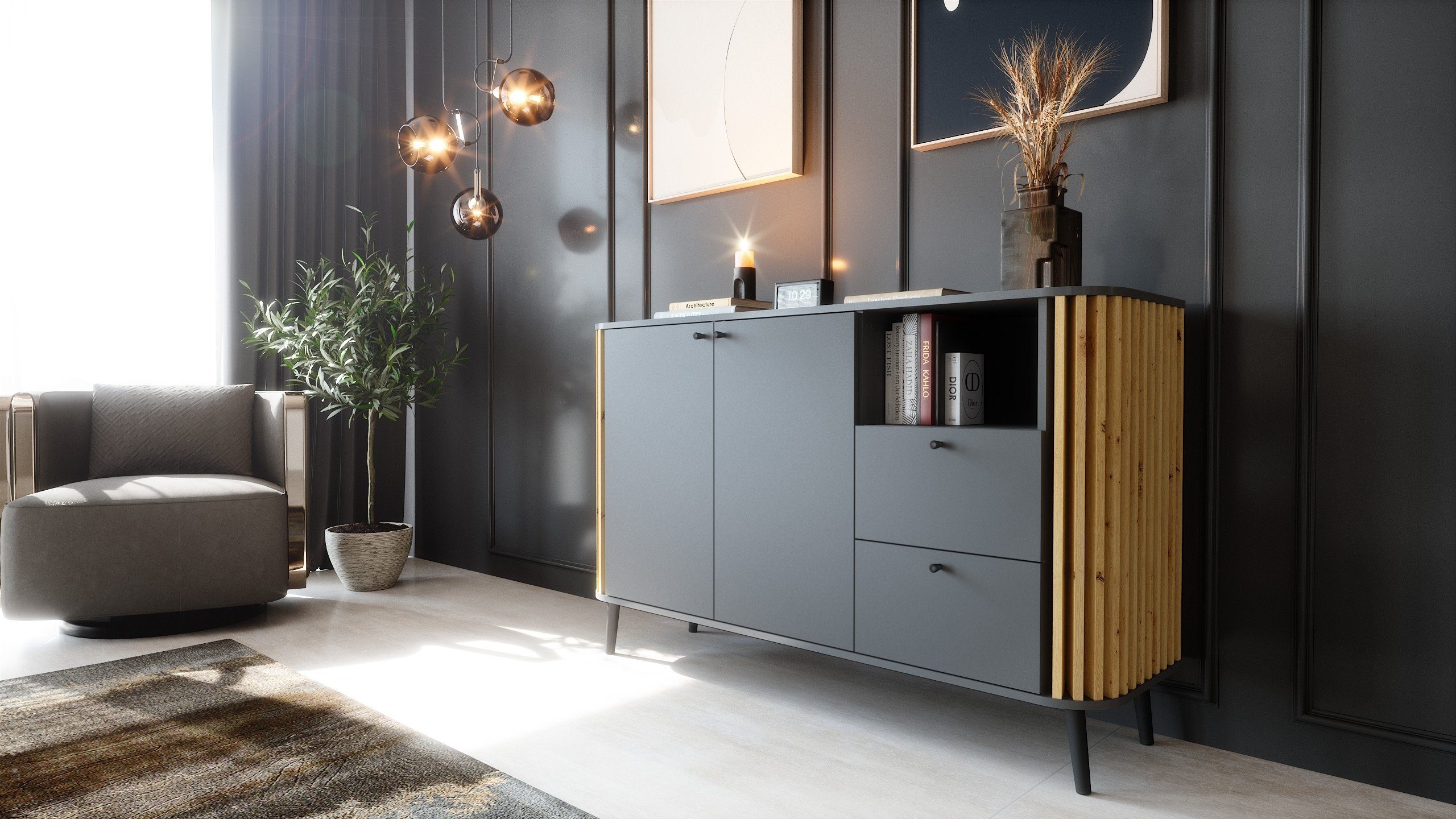 Newroom Sideboard Zak, Grau Sideboard Modern Wandpaneel Elegant Highboard Anrichte Wohnzimmer