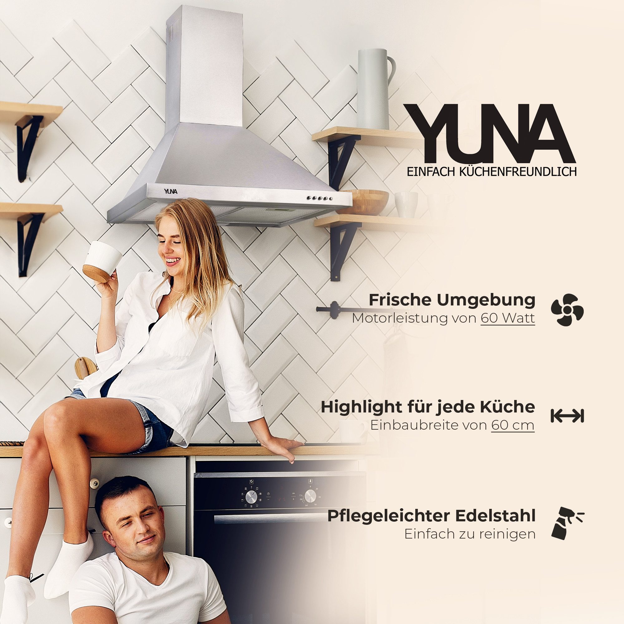 YUNA Kopffreihaube Yuna Davina WH60A Dunstabzugshaube inkl. Kohlefilter Yuna Davina WH60A Dunstabzugshaube inkl. Kohlefilter