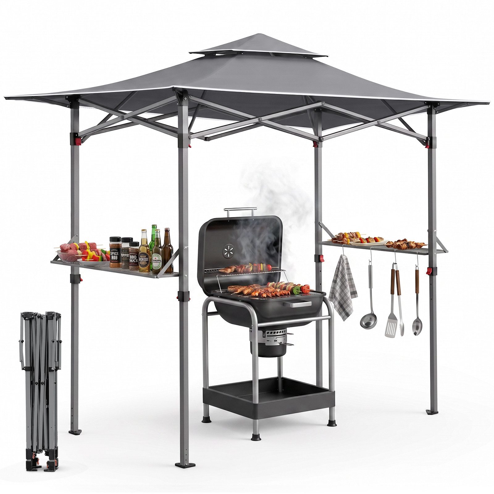 Sekey Grillpavillon Faltbar Pavillon 250 x 150 cm Grillpavillon winterfest und wasserdicht, Partyzelt Grillpavillon, BBQ Pavillon, Ablage mit Haken