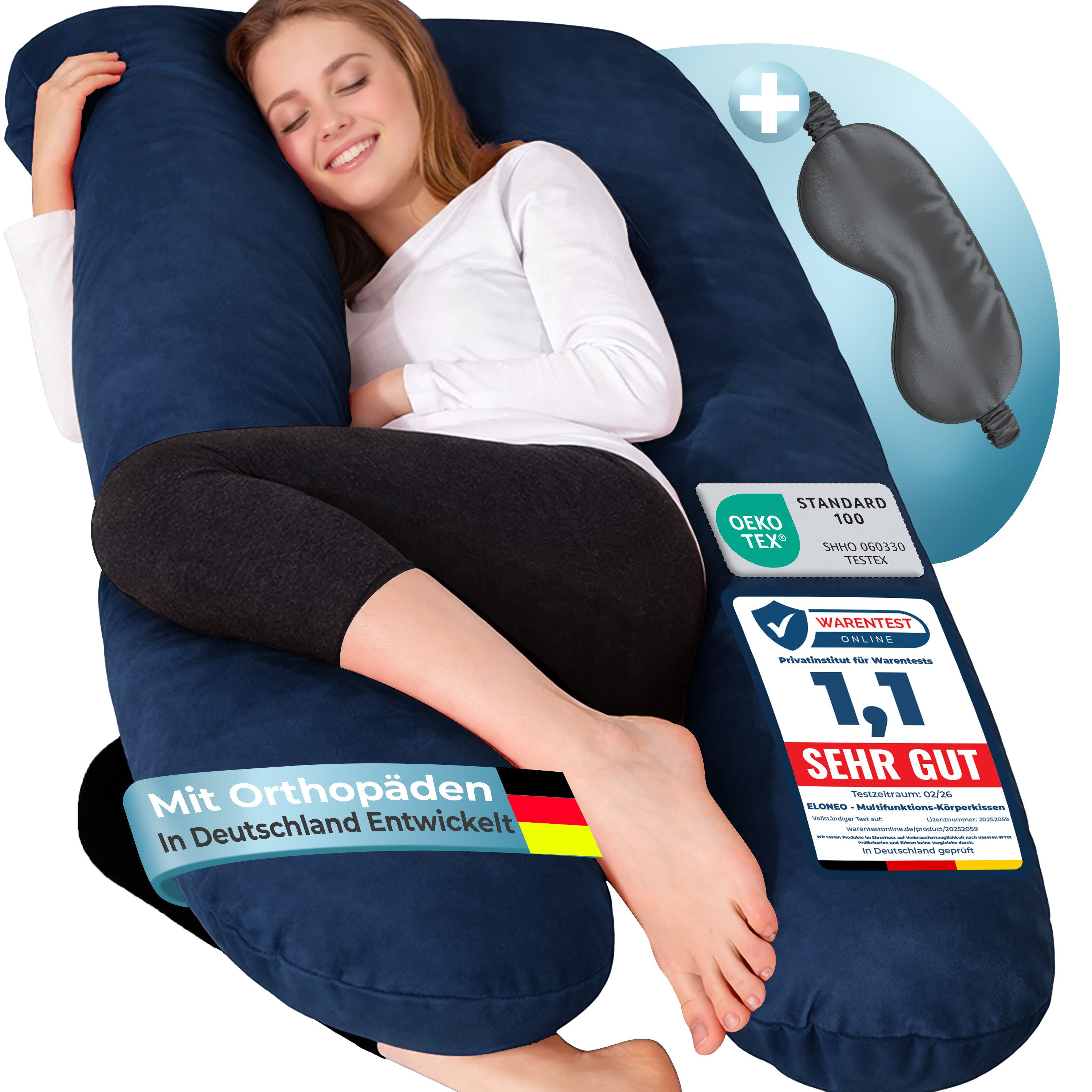 ELONEO Seitenschläferkissen XXL - Multifunktionskissen mit Bezug, formstabil, druckentlastend, bequem