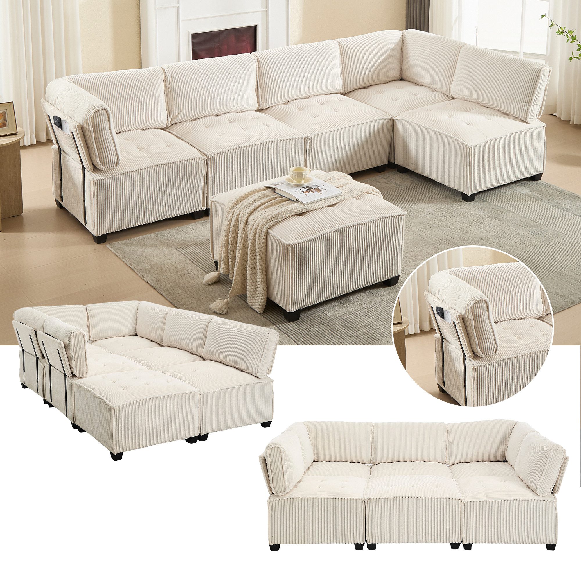 LVHOM Loungesofa Modulares 6er-Sofa mit Ottomane, Großformat U/L-Form + Sch günstig online kaufen