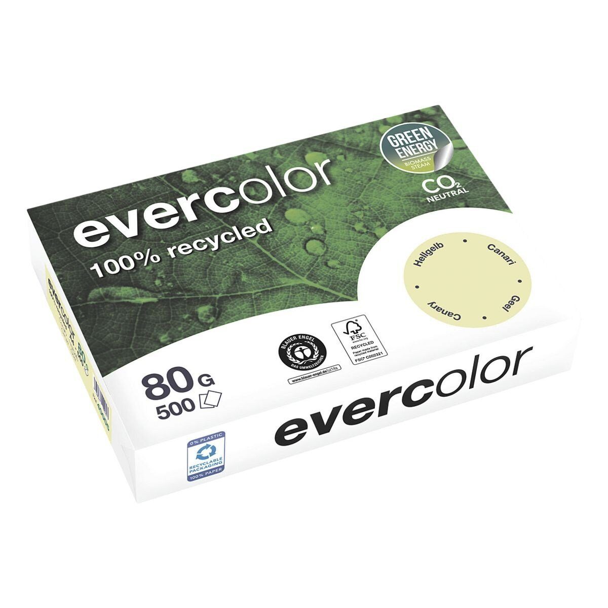CLAIREFONTAINE Recyclingpapier evercolor, Pastellfarben, Format DIN A4, 80 g/m², 500 Blatt hellgelb