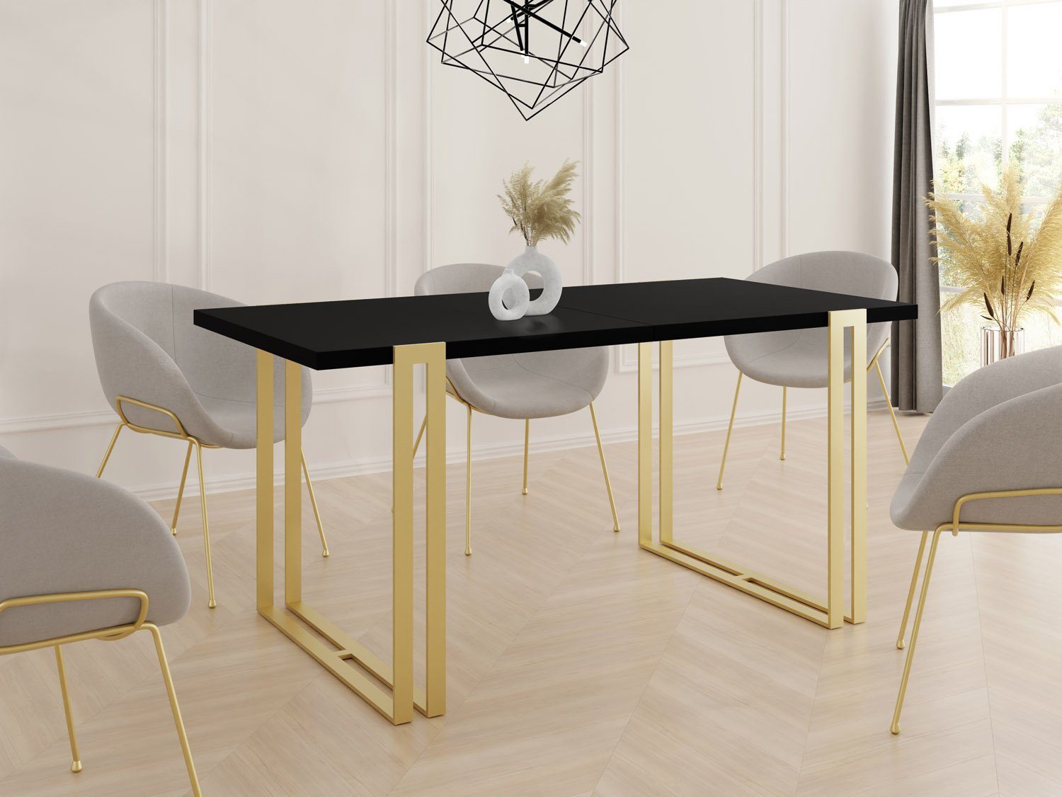 WFL GROUP Esstisch Marco Gold, Ausziehbar Glamour Loft-Stil mit Metallbeinen Schwarz im Tisch