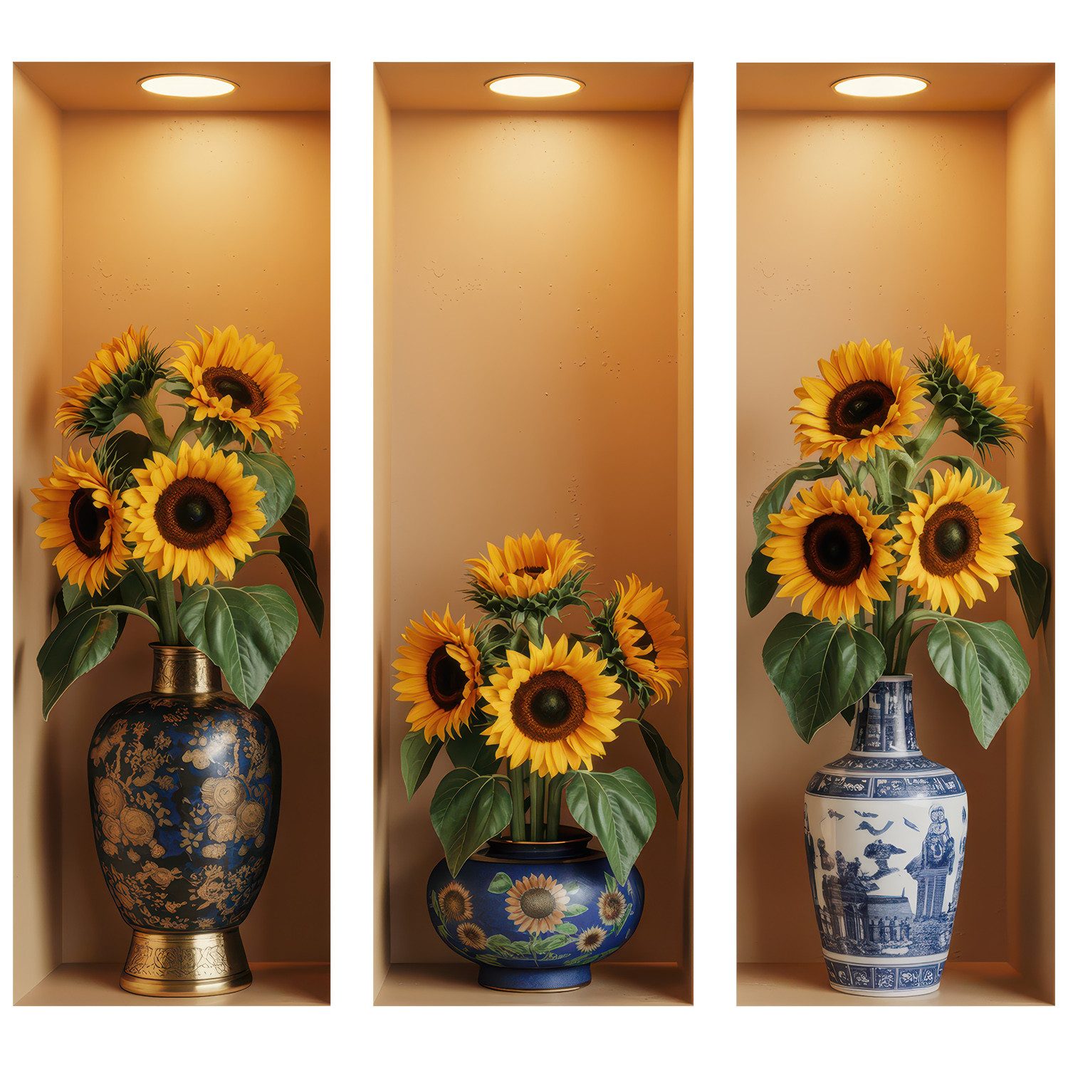 Tulup Wandtattoo Wandaufkleber 3D-Design Nische, Gelb 3D-Wandsticker, Vasen mit Sonnenblumensträußen, klassische Komposition