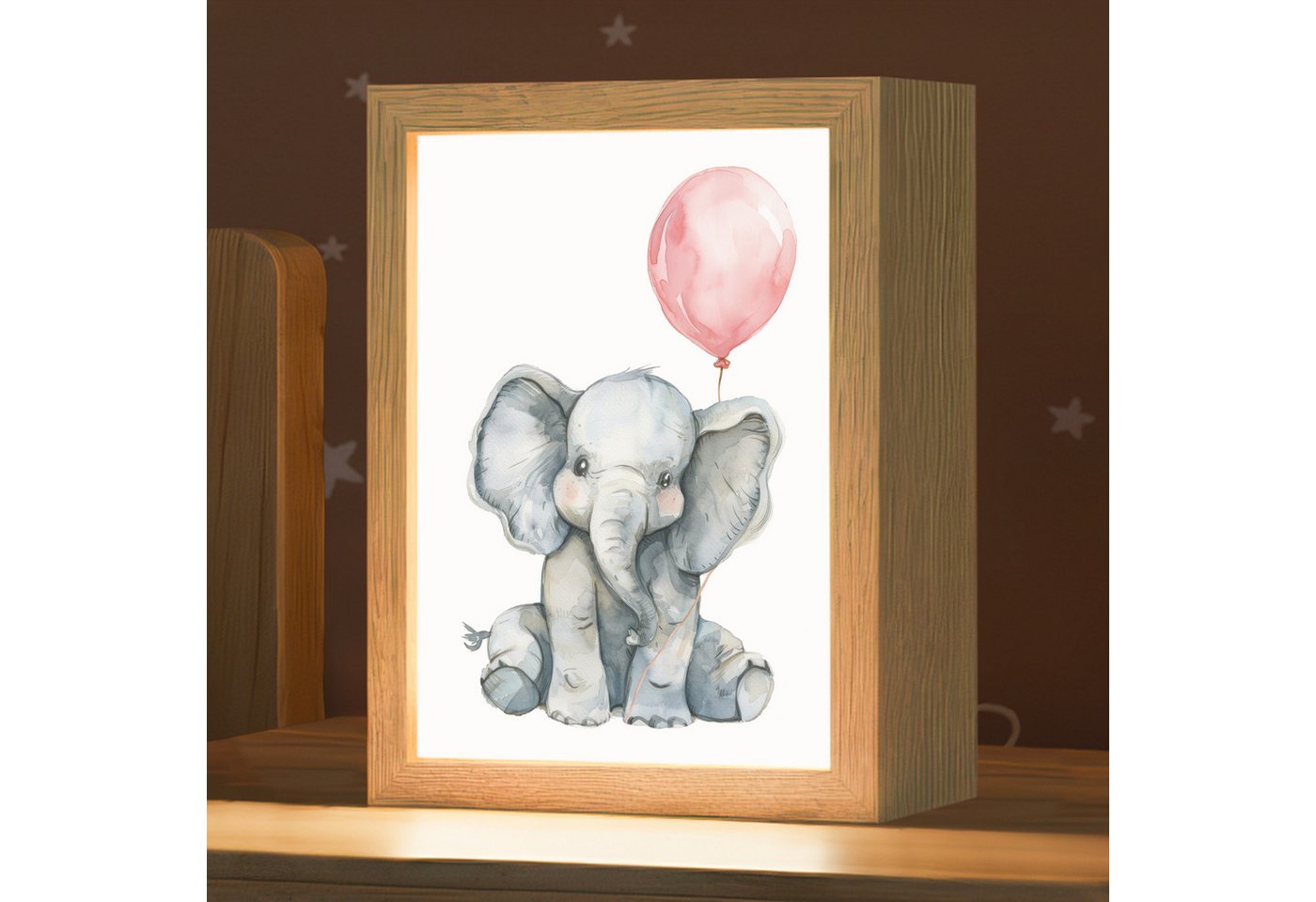 OnlyWow Nachttischlampe Lightbox Elefant - Babytier - Rosa Luftballon - Mädchen, Dimmbar, Farbwechsel, LED, Warmweiß, Kaltweiß, Neutralweiß Einstellbar, Kinderzimmer, Babyzimmer, Dimmbar, mit Kabel, Nachtlampe, LED
