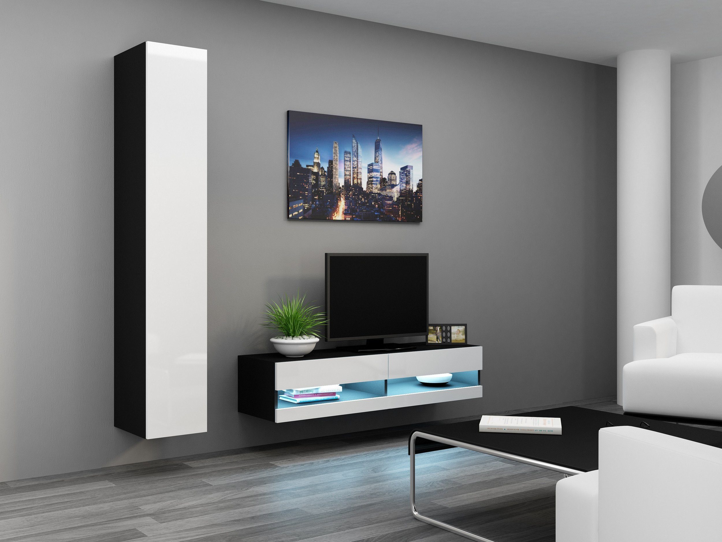 Stylefy Wohnwand Vago XIII 180x180x40, (Set (2-St), Wohnmöbel, Wohnzimmer-Set), bestehend aus 1xLowboard und 1xHängeschrank, inkl. LED-Beleuchtung, mit Push-to-Open, Modern Design Schwarz Matt - Weiß Hochglanz